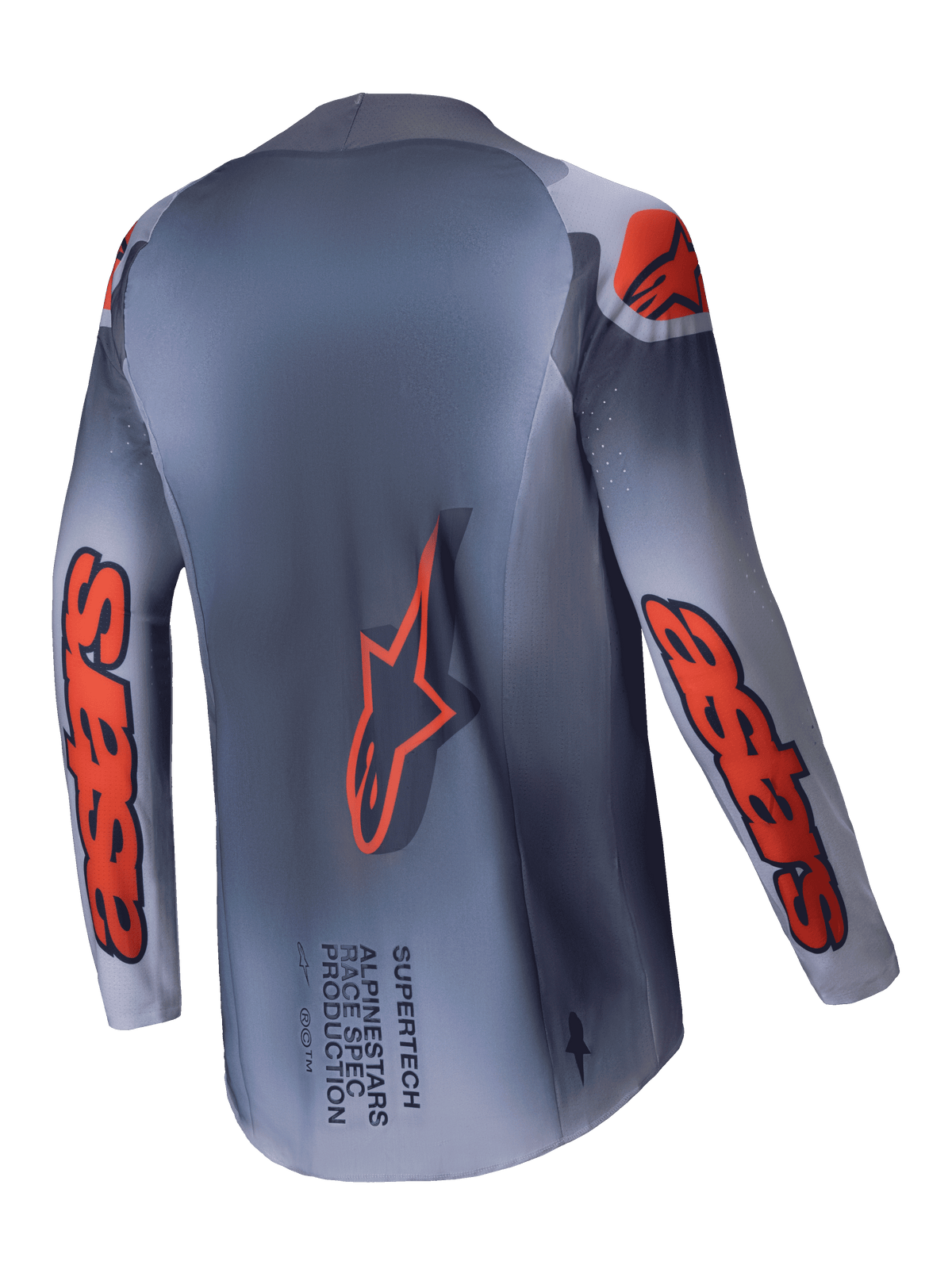 Alpinestars 2025 Supertech Lipan Jersey, Men's Motocross Racing Jersey, Gray and Orange Fluo, lightweight stretch mesh with Stretchnet construction and race-proven ventilation, back view showing extended rear hem and branding details
