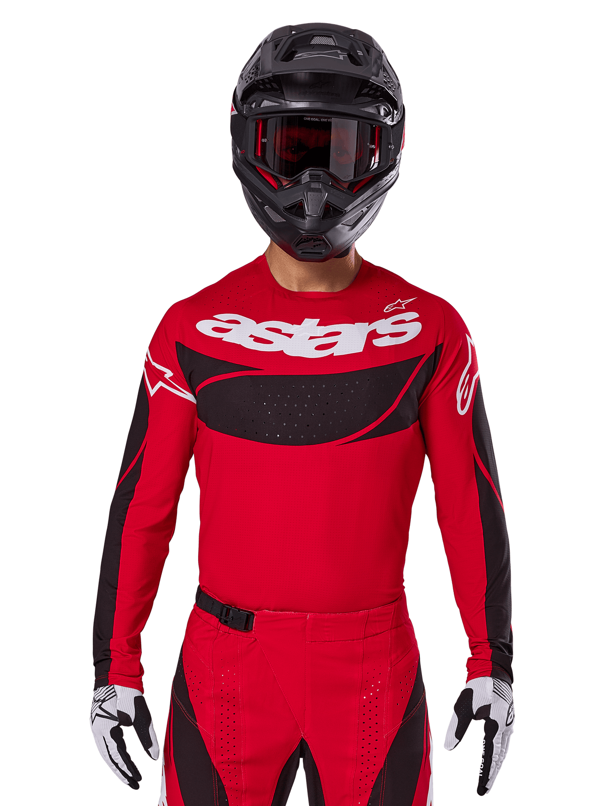 Alpinestars 2025 Techstar Dreem Jersey, Motocross Gear, Bright Red and Black, featuring a white 'astars' logo and black ventilated chest panel, worn with matching pants, black helmet, and white and black gloves, designed for professional off-road racing