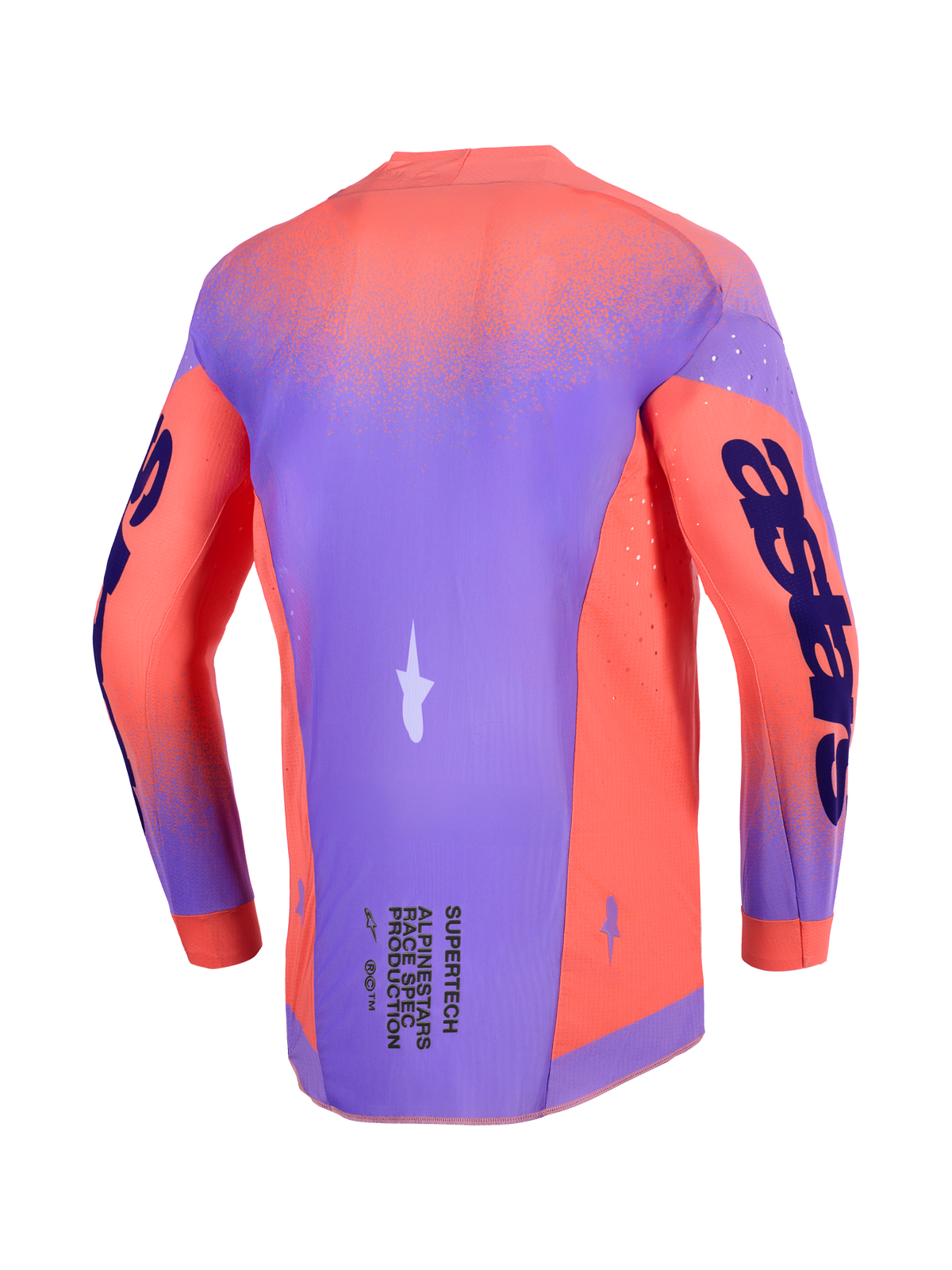Alpinestars 2026 Supertech Scenz Jersey, Motocross Jersey, Hot Coral and Purple, back view featuring a lightweight stretch mesh chassis, laser-cut perforations for ventilation, and bold branding on the sleeves and lower back.