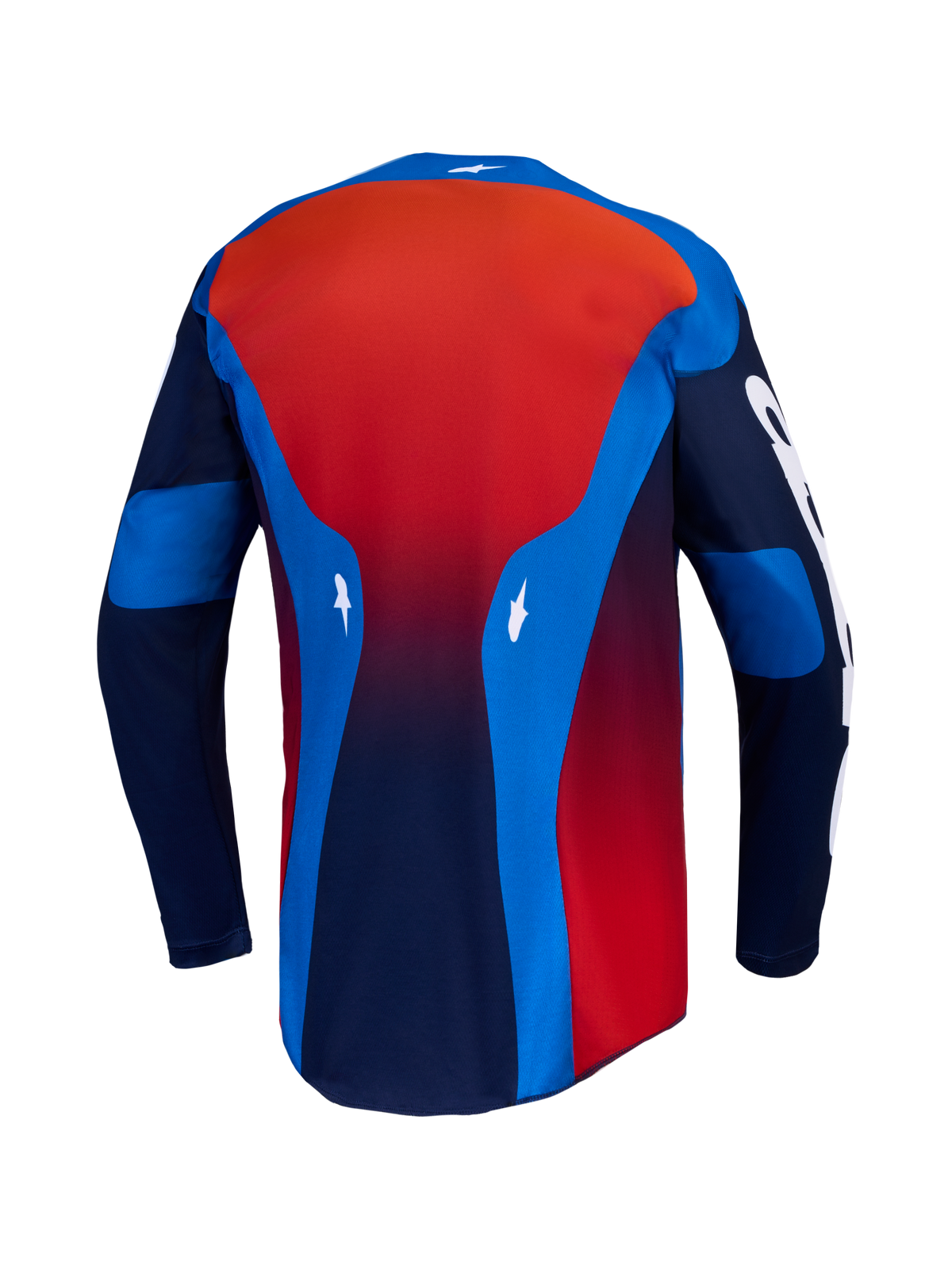 Alpinestars 2027 Racer Hunt Jersey, back view of a blue and red men's motocross jersey with a moisture-wicking extended hem.