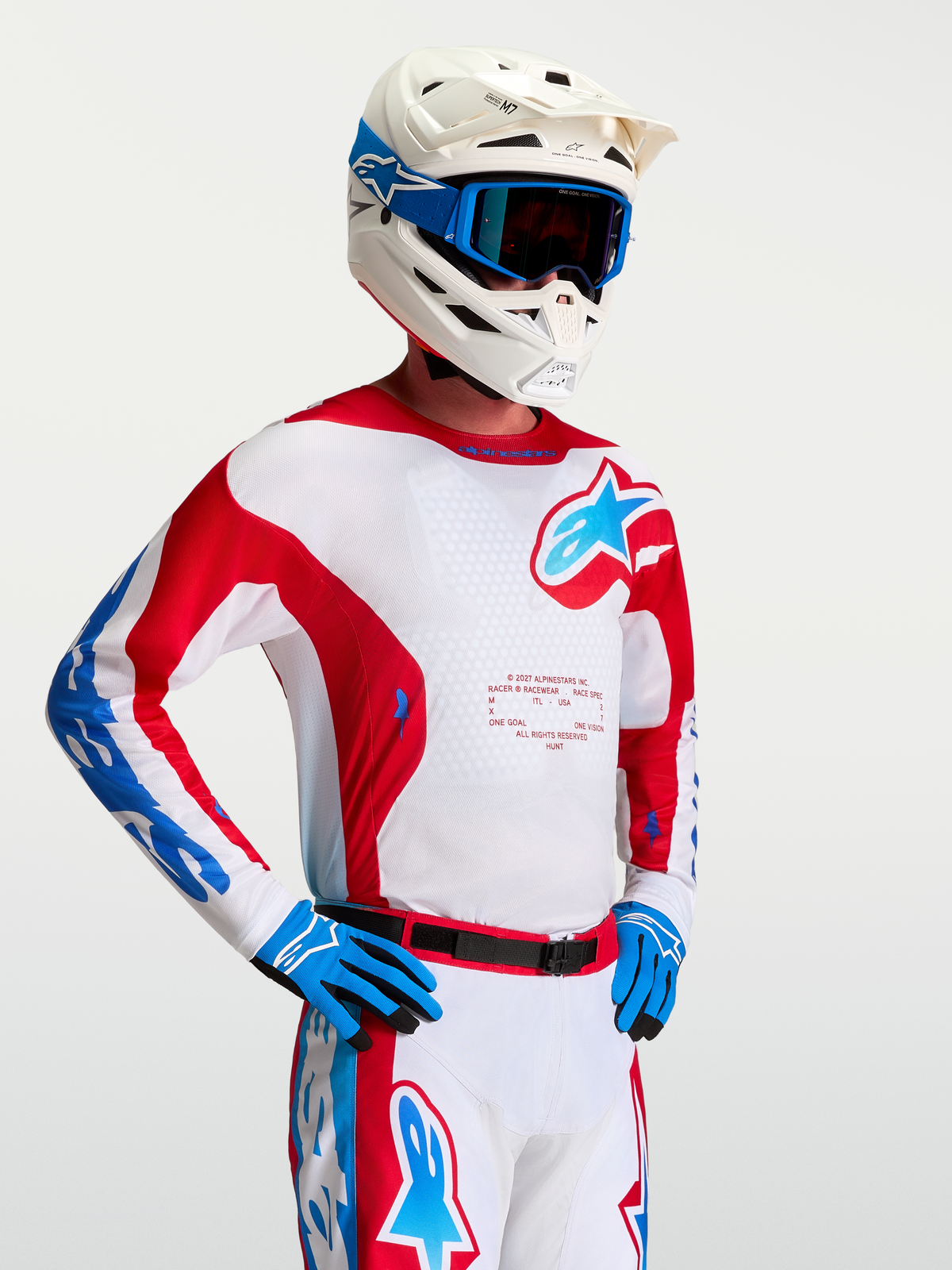 Alpinestars Racer Hunt Jersey, Men's Motocross Jersey, White and Red with Blue accents, moisture-wicking textile.