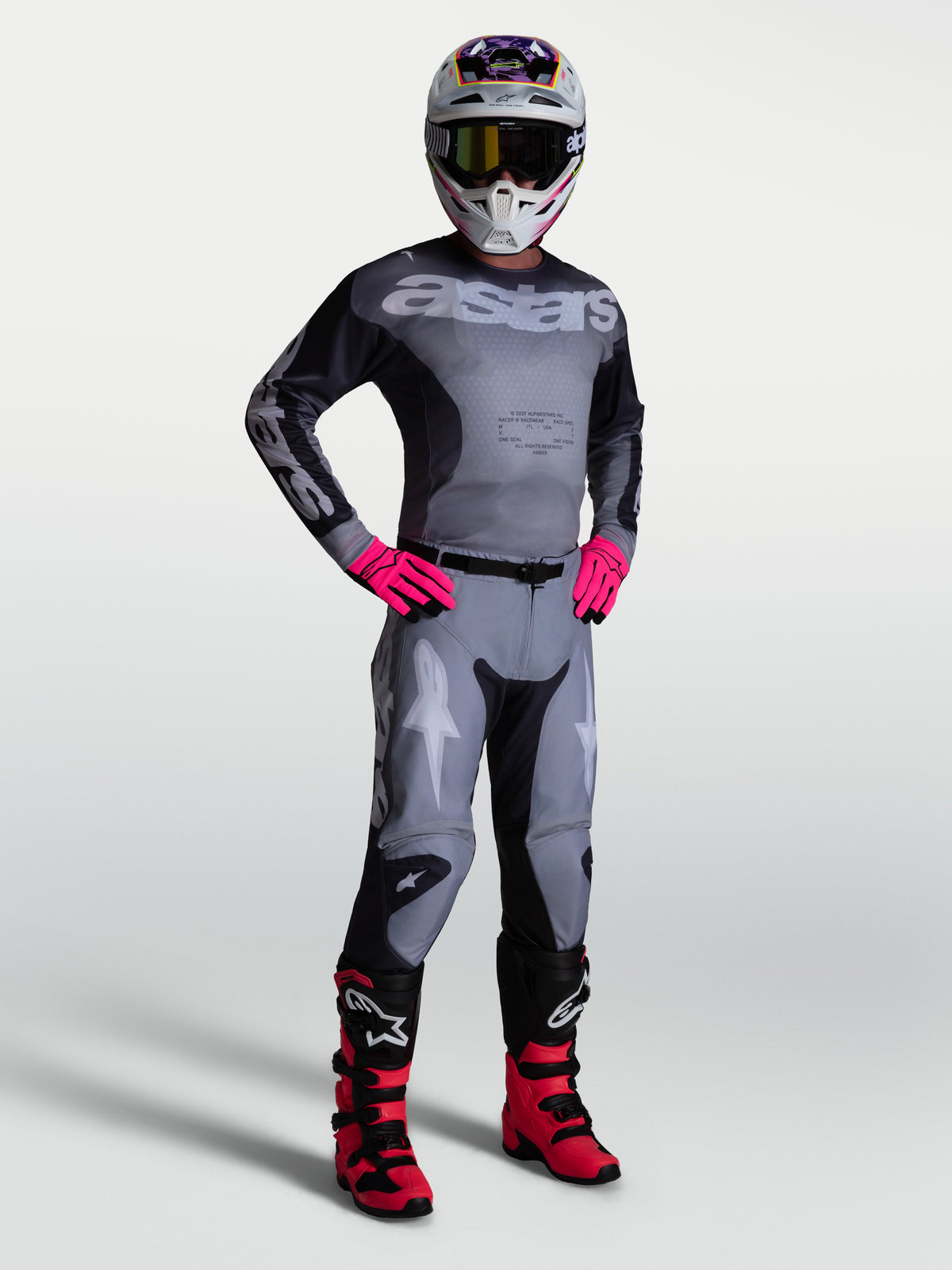 Alpinestars 2027 Racer Amber Jersey and Gear Set, men's gray and pink motocross outfit with an athletic fit.