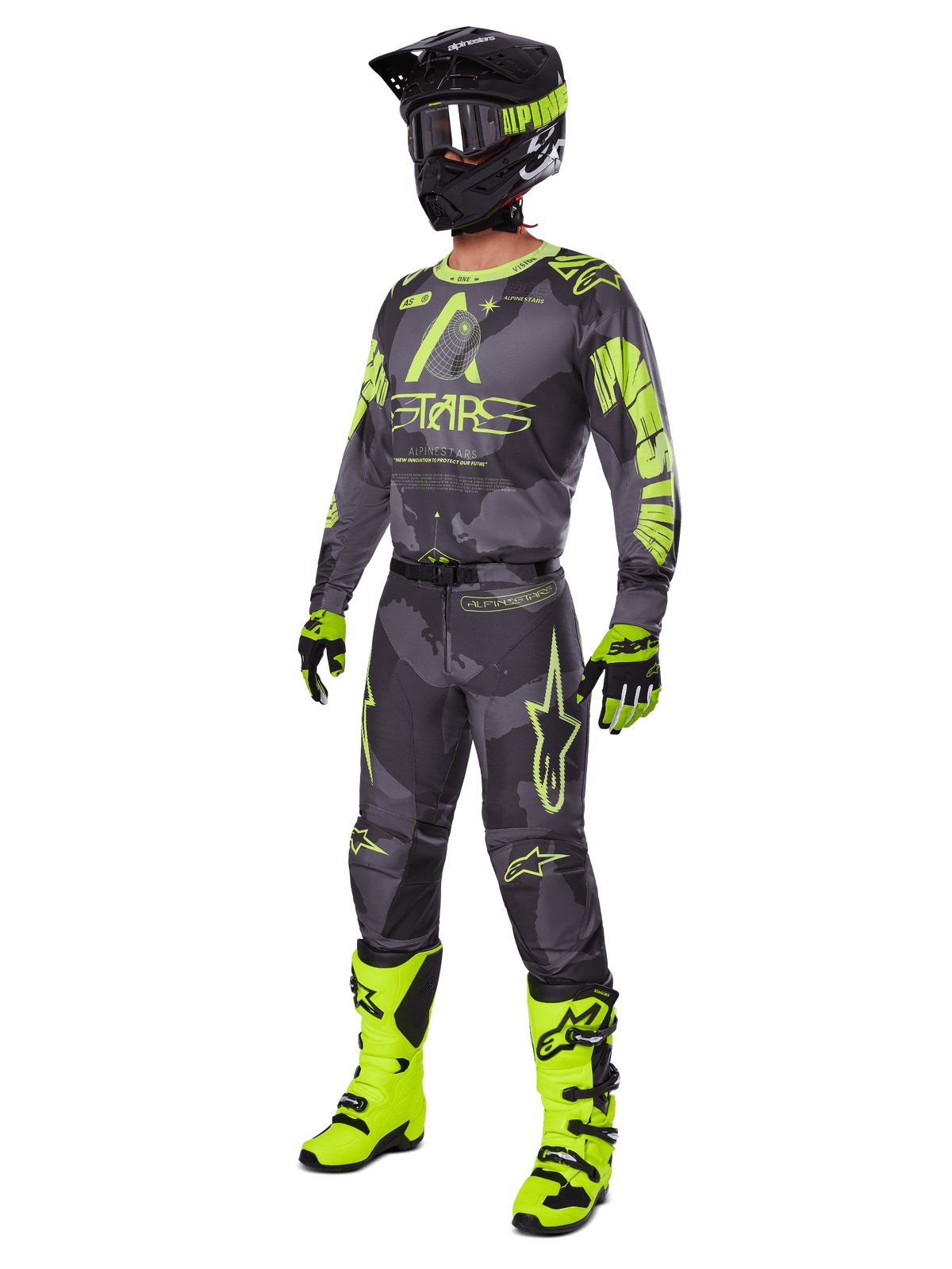 Alpinestars 2025 Racer Hollow Gear Set, full motocross outfit, gray camouflage and neon yellow, includes jersey, pants, matching black and yellow helmet, goggles, gloves, and bright yellow boots, high-performance off-road racing gear