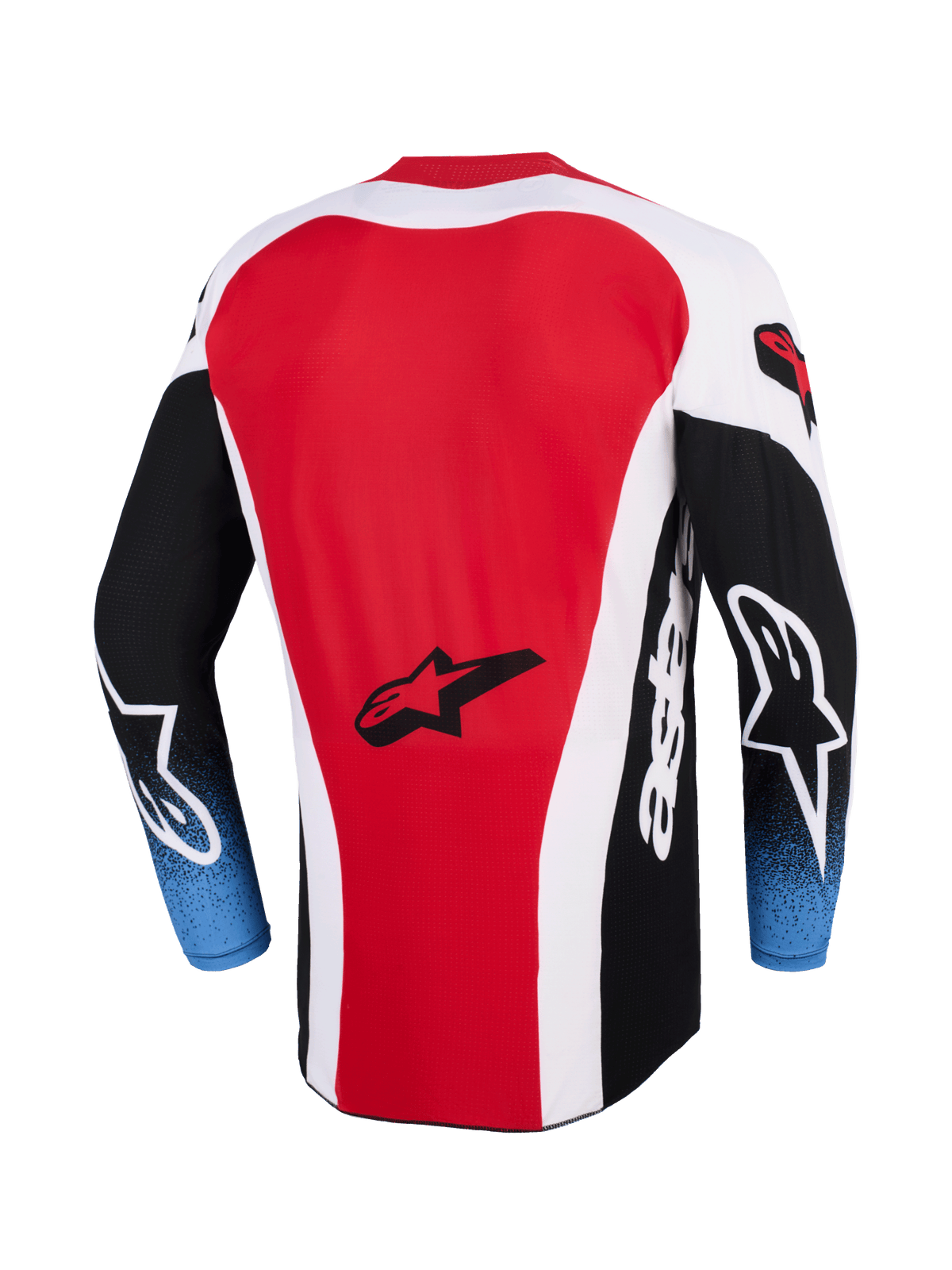 Alpinestars 2026 Techstar Knif Jersey, Motocross Jersey, Red White and Black with blue gradient sleeves, back view showing Alpinestars star logo, extended rear profile, athletic race fit for off-road racing