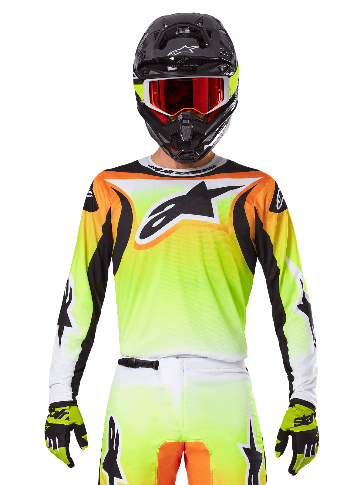 Alpinestars 2025 Fluid Wurx Jersey, Motocross Jersey, Neon Yellow Orange and White, worn with matching pants and black helmet with red goggles, complete MX gear ensemble on rider
