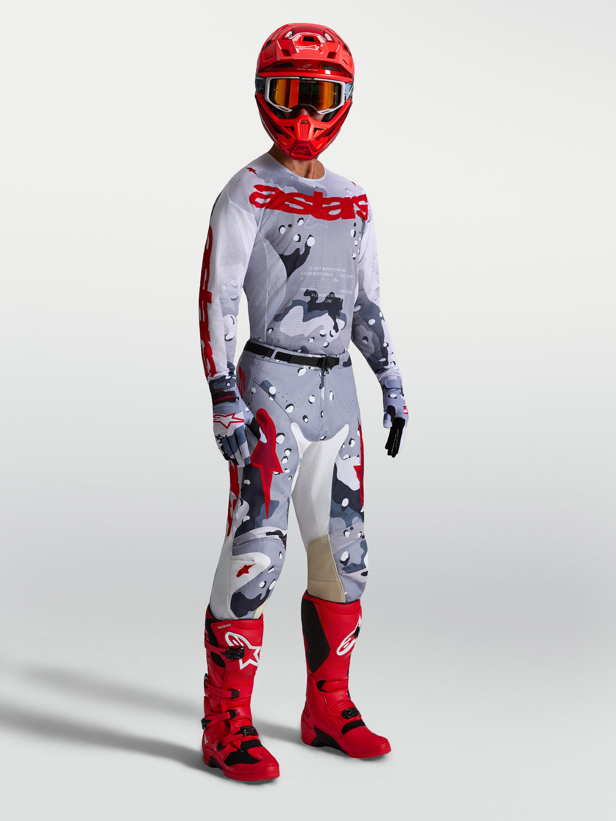 Alpinestars Racer Air Lone Jersey, Men's Motocross Gear, Gray Camo and Fire Red, breathable mesh construction.