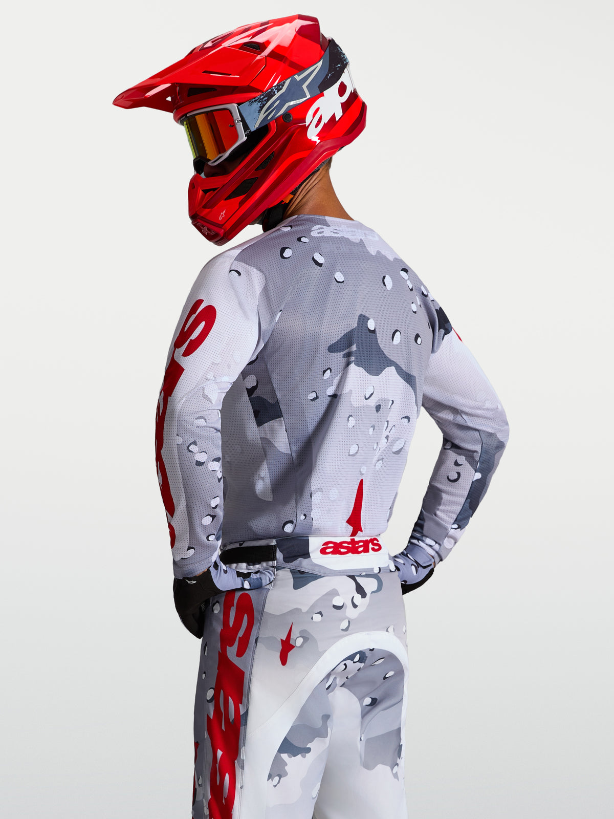 Alpinestars Racer Air Lone Jersey, men's gray camo and red motocross riding gear with breathable mesh fabric.