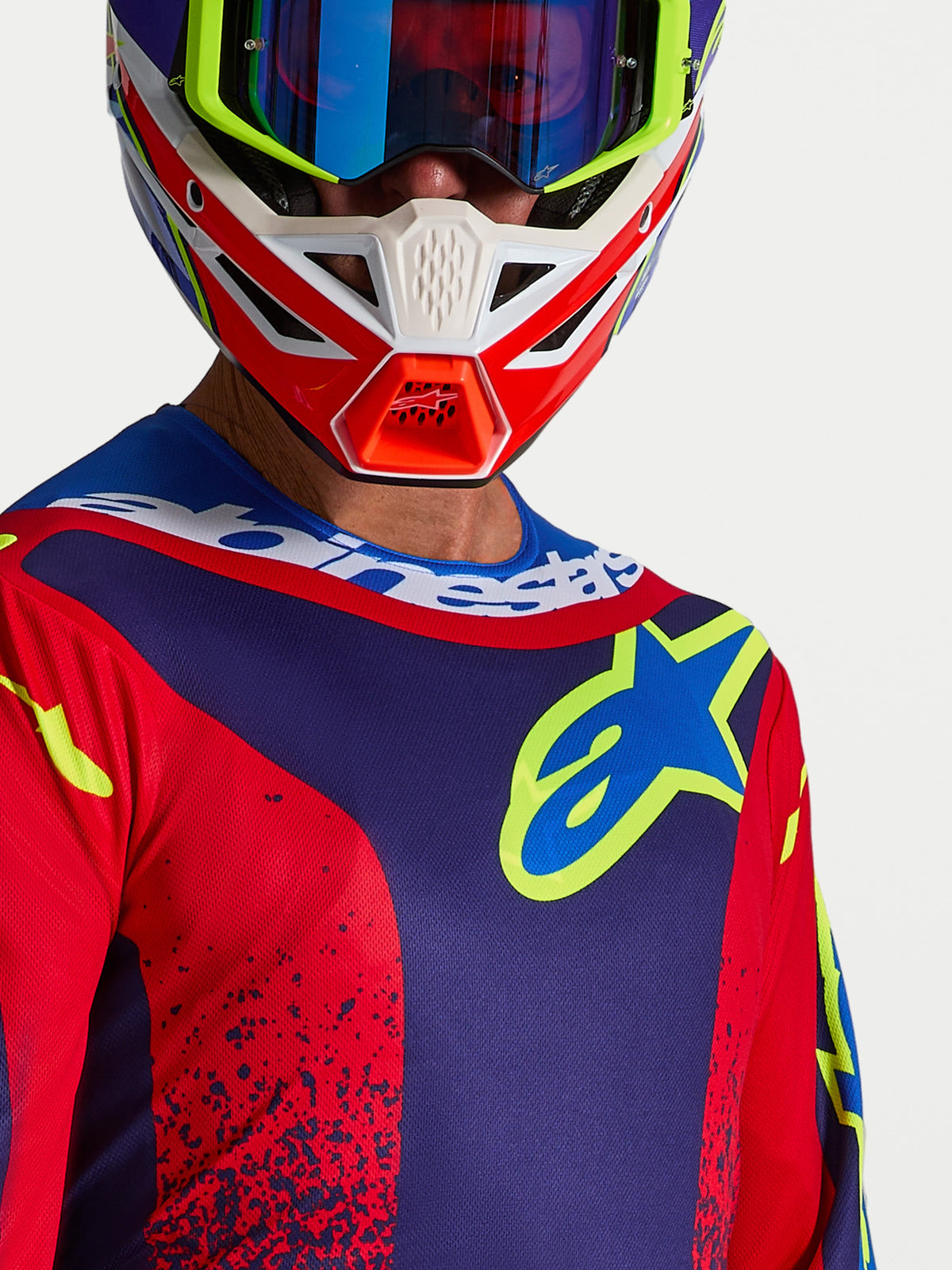 Alpinestars Fluid Drag Jersey, Men's Motocross Top in Blue Navy and Fire Red, showing the chest logo and sport collar.