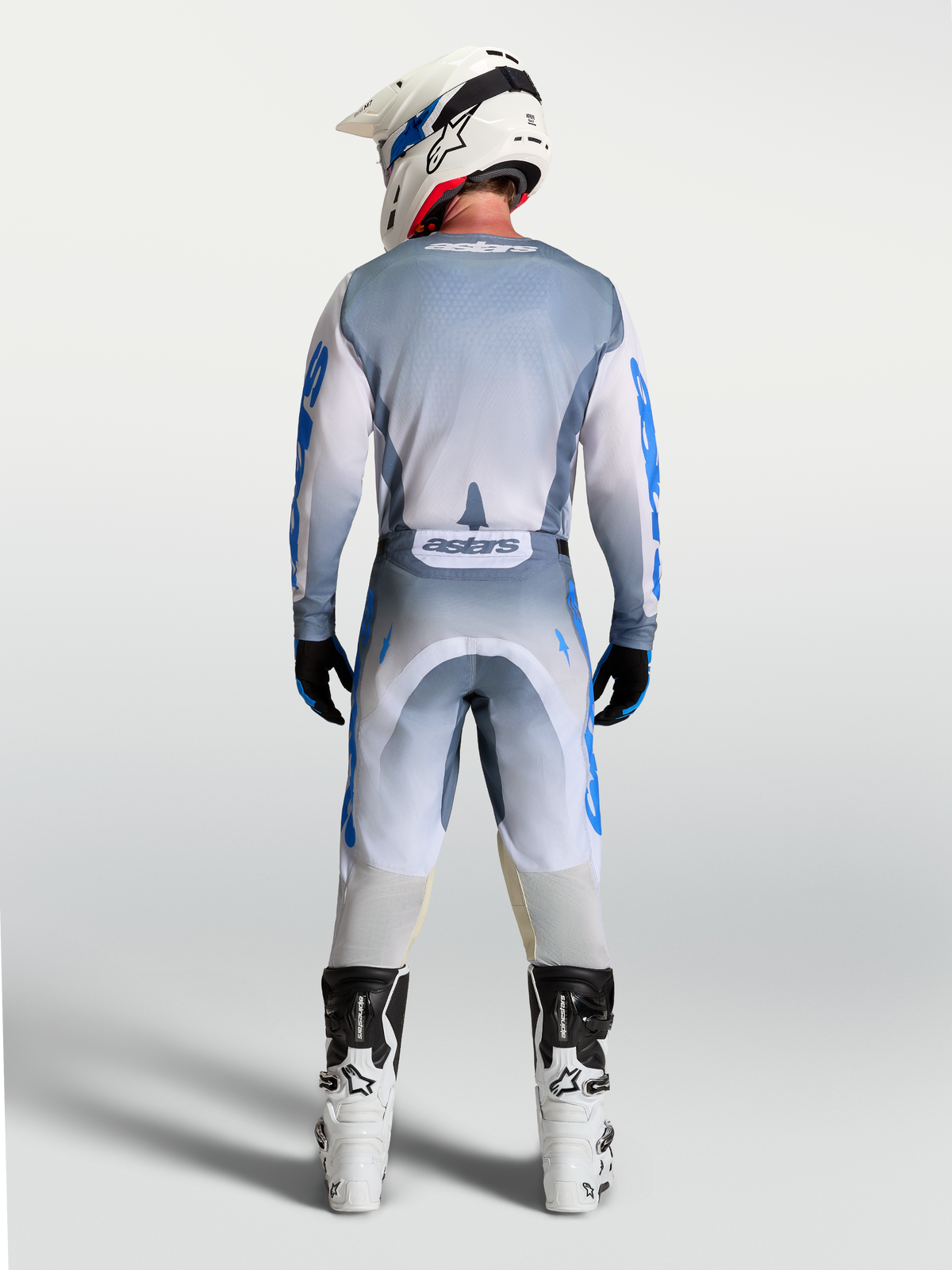 Alpinestars Racer Amber Jersey, Men's Motocross gear in Gray and Blue, showing a full rear-view on model.