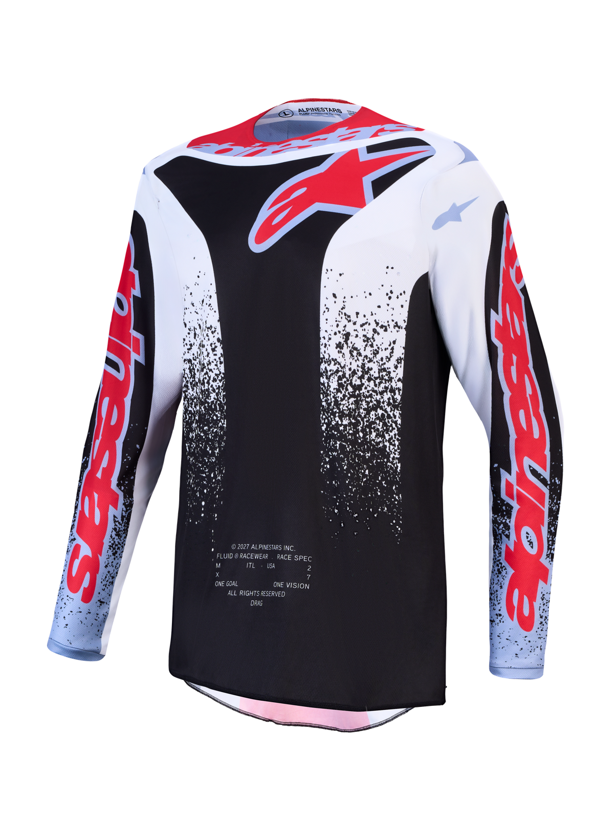Alpinestars 2027 Fluid Drag Jersey, a men's black and white motocross jersey with red graphics and moisture-wicking fabric.