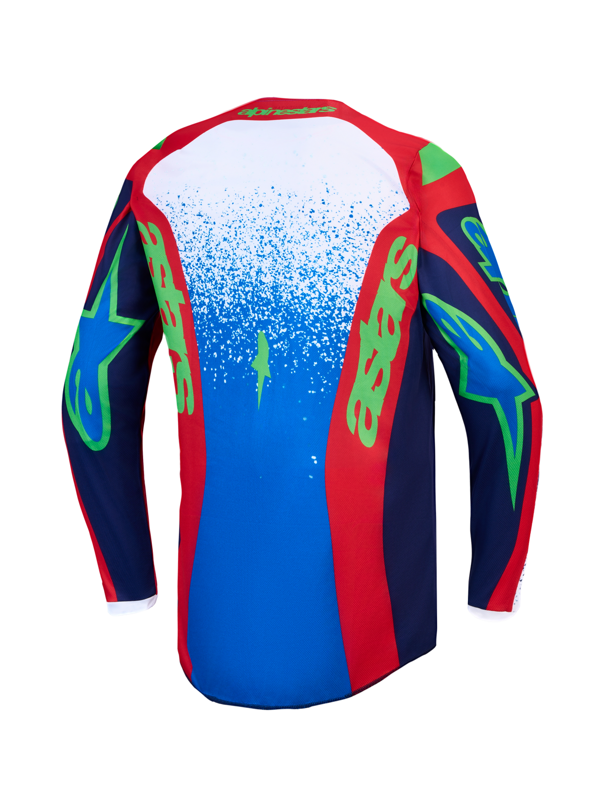 Alpinestars Fluid Drag Jersey in Blue Navy and Fire Red, Men's Motocross Jersey with bold green accents, back view.
