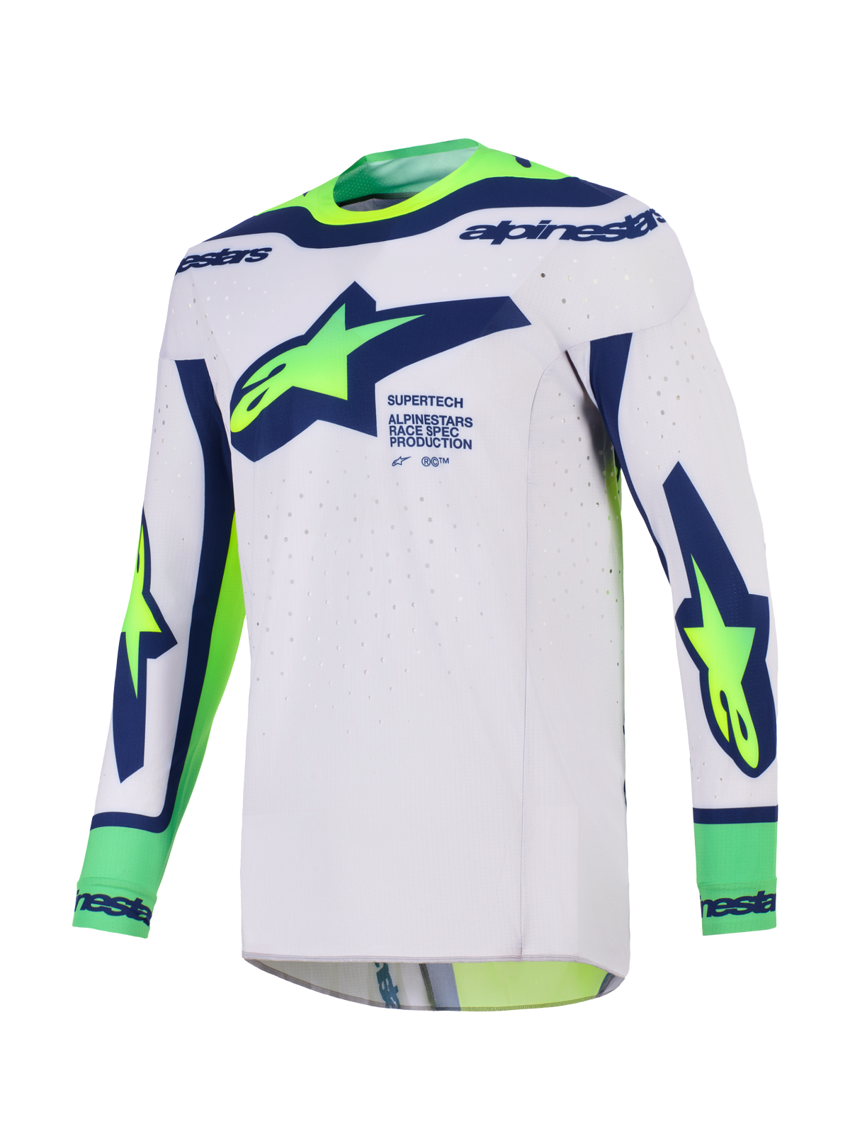 Alpinestars 2026 Supertech Vista Jersey, Motocross Jersey, Light Gray with Blue and Yellow Fluo, featuring large Alpinestars chest logo, laser-cut ventilation holes, and seamless construction for off-road racing