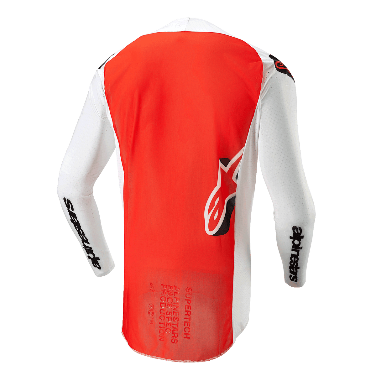 Alpinestars 2024 Supertech Ward Jersey, Back View, White Hot Orange, featuring a large vibrant orange center panel, white sleeves and side panels with black Alpinestars branding, and Astar logo on the lower back, professional-grade mesh construction for motocross.