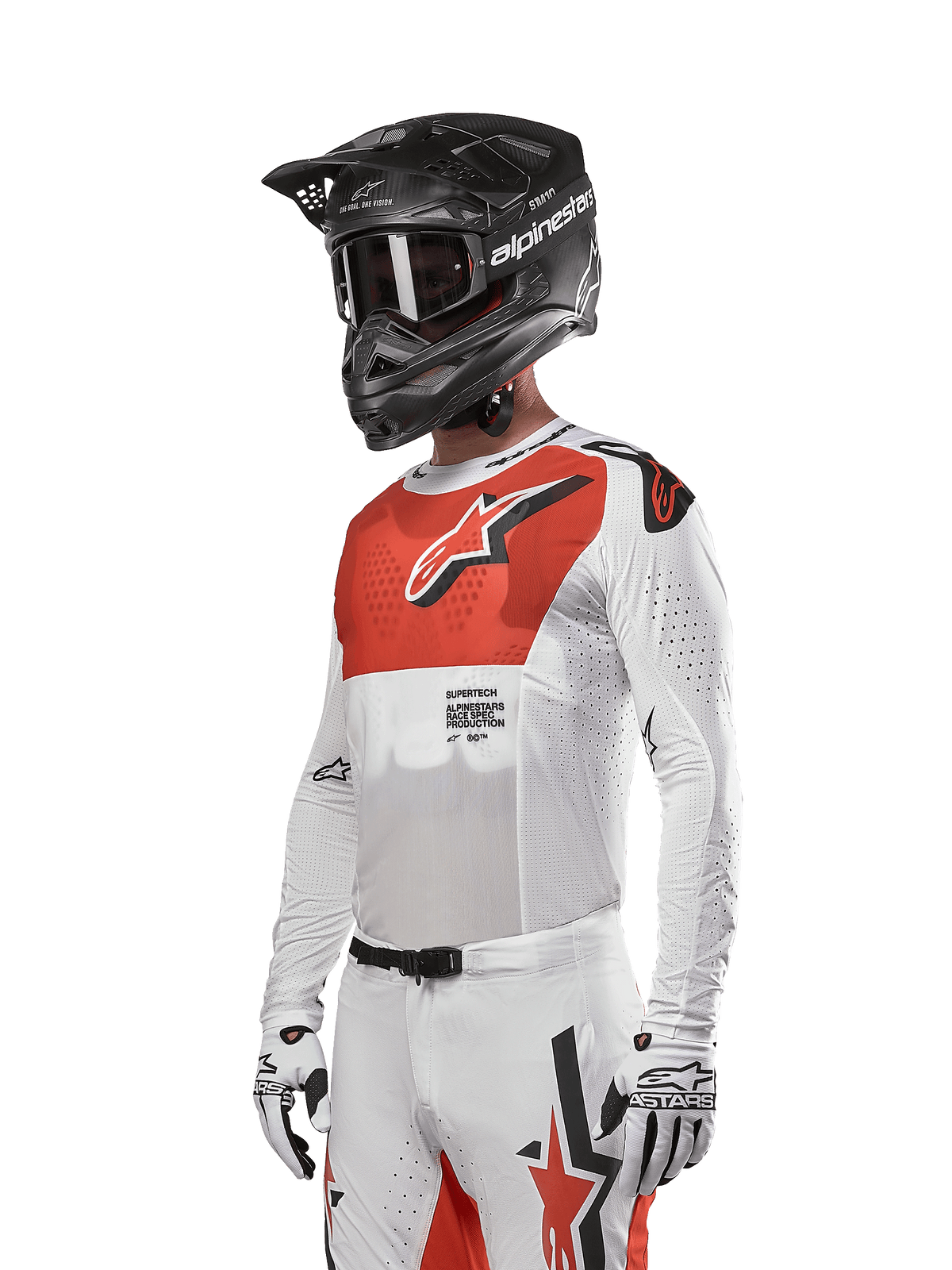 Alpinestars 2024 Supertech Ward Jersey, Motocross Jersey, White and Hot Orange, featuring a red chest panel with white star logo, long sleeves with laser-cut perforations, worn with a black helmet and white gloves, athletic race fit motocross gear