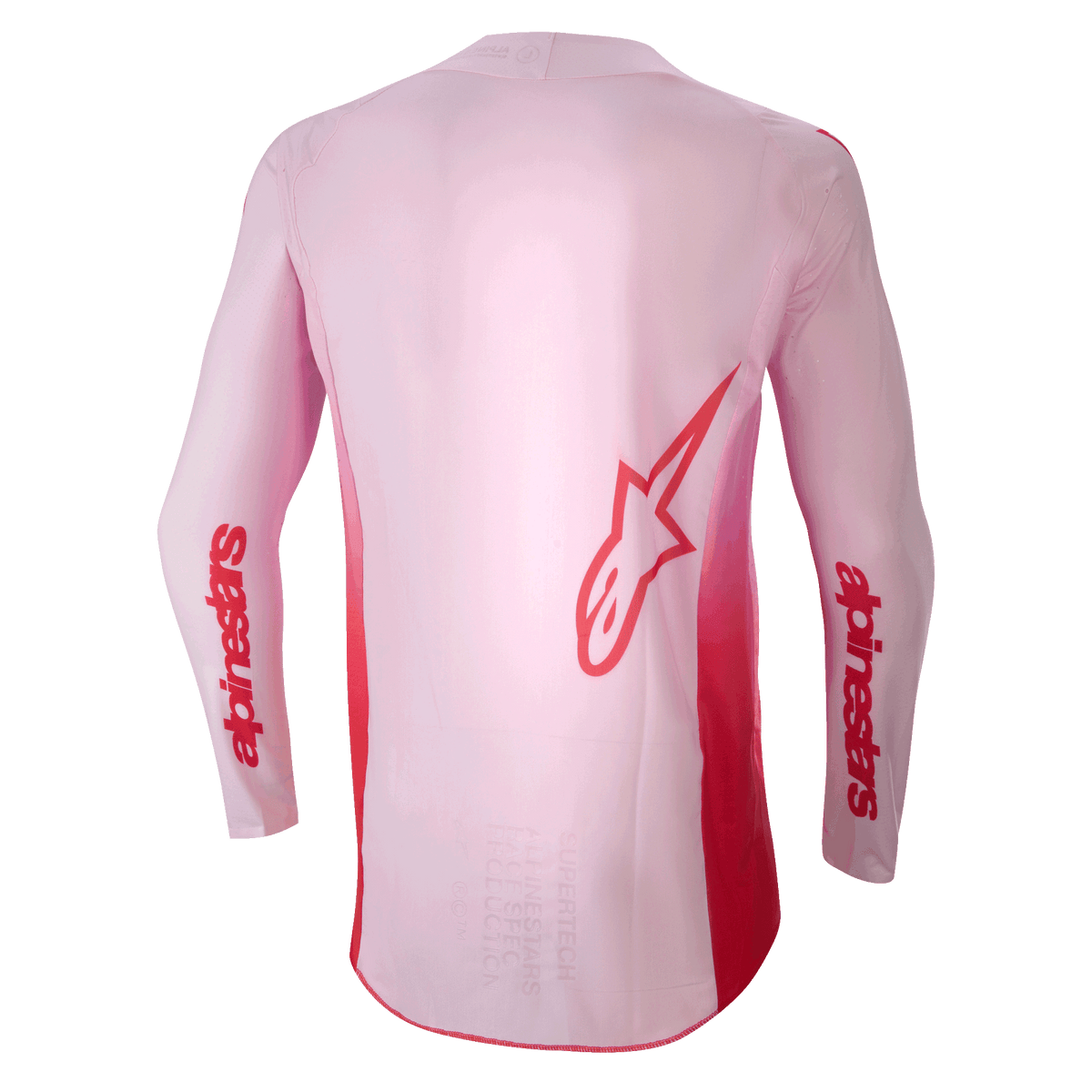 Alpinestars 2024 Supertech Dade Jersey, Motocross Jersey, Red Berry Lilac, rear view featuring a large red Astar logo on the back and red Alpinestars branding on the sleeves, lightweight stretch mesh construction with an extended back panel for off-road performance.