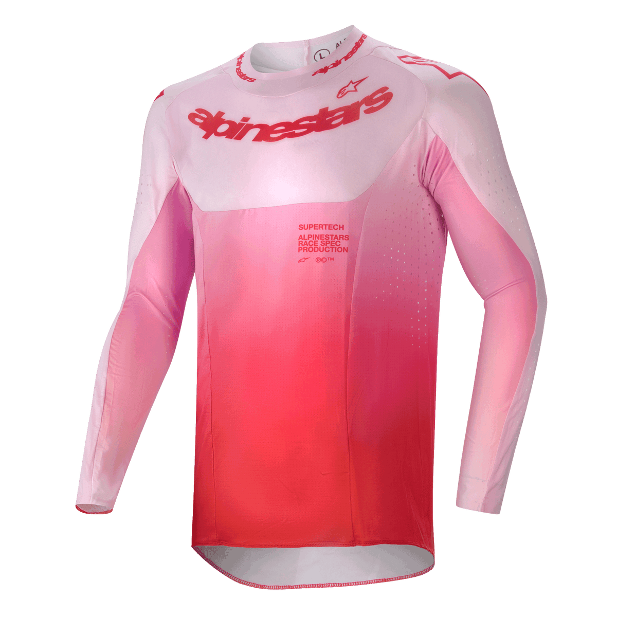 Alpinestars 2024 Supertech Dade Jersey, Motocross Jersey, Red Berry Lilac, featuring a pink to red gradient design, long-sleeve athletic fit with laser-cut ventilation holes and bold chest branding, performance dirt riding apparel.