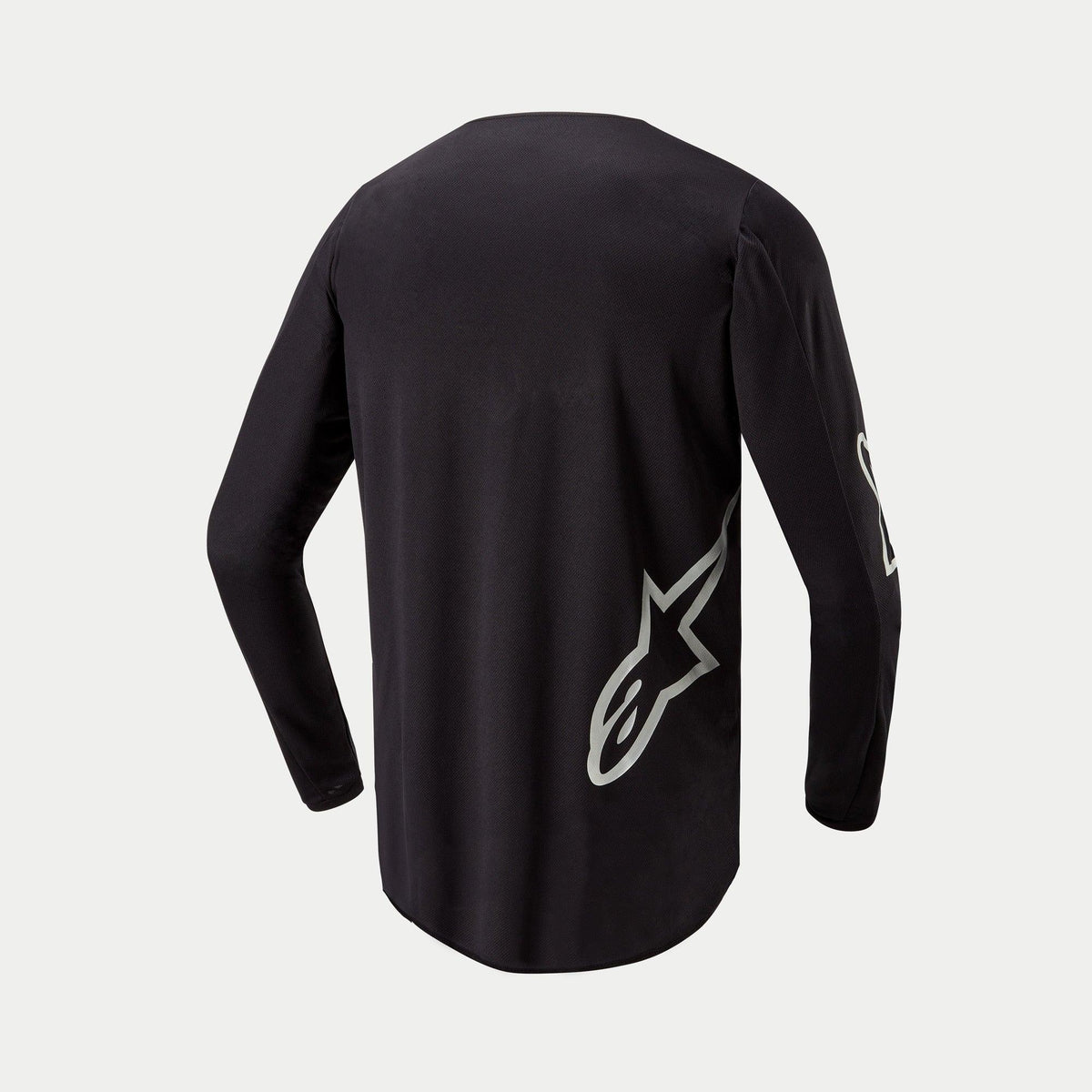 Alpinestars 2024 Fluid Graphite Jersey, Motocross Jersey, Black and Silver, back view featuring a silver star logo on the lower side, long sleeve design with an extended drop tail for off-road riding coverage.