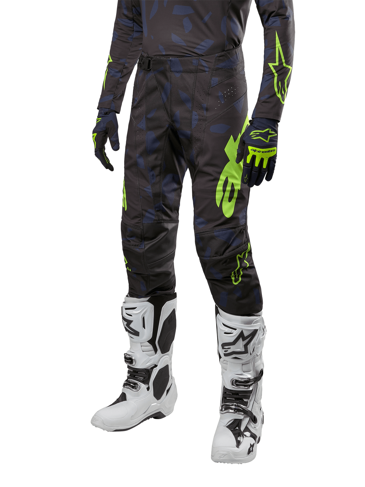 Alpinestars 2024 Techstar Rantera Pants, Motocross Pants, Black Navy and Yellow Fluo, featuring navy camouflage patterns and neon green branding, worn with matching gloves and white boots, durable racing-fit design for off-road performance