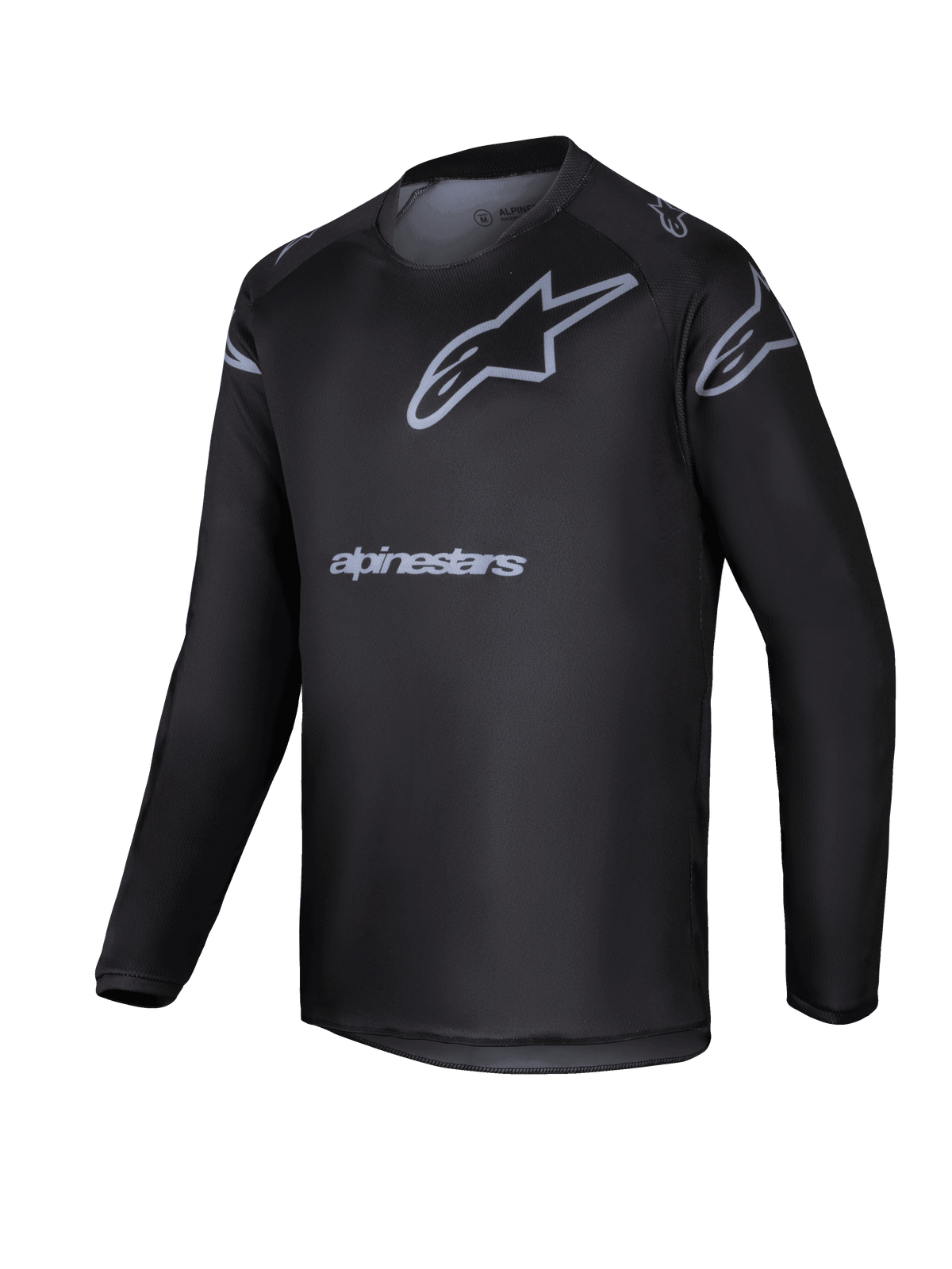 Alpinestars 2025 Youth Racer Graphite Jersey, Black and gray long-sleeve motocross jersey, featuring a gray star logo and brand name, lightweight performance gear for youth off-road riding