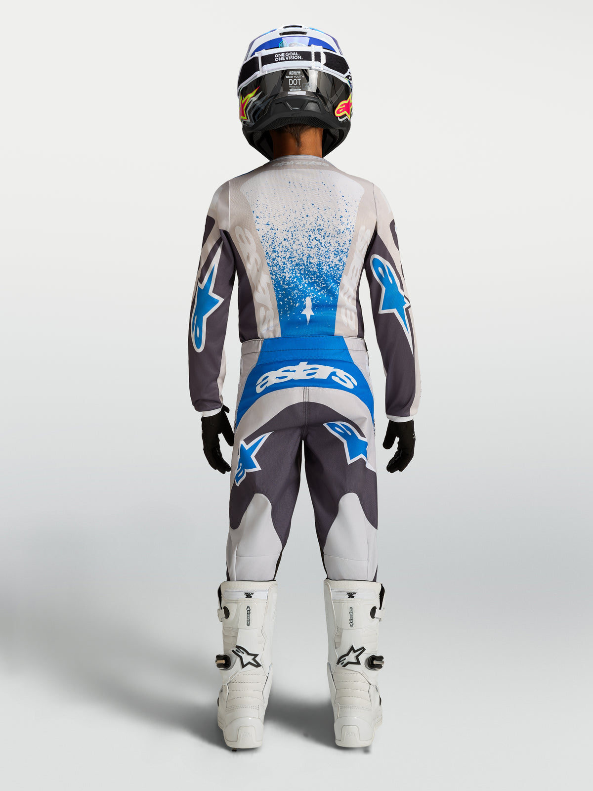Alpinestars 2027 Youth Fluid Drag Gear Set, gray and blue breathable motocross outfit, textile construction, back view.