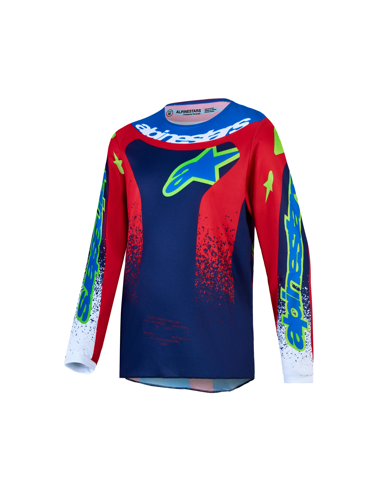 Alpinestars 2027 Youth Fluid Drag Jersey, a blue and red motocross jersey with moisture-wicking textile for youth.