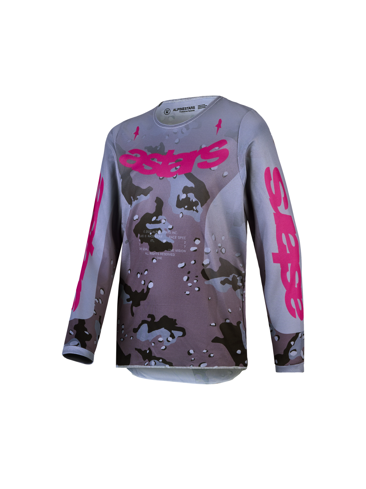 Alpinestars 2027 Youth Fluid Lone Jersey, gray camo and purple youth motocross top with moisture-wicking polyfabric.