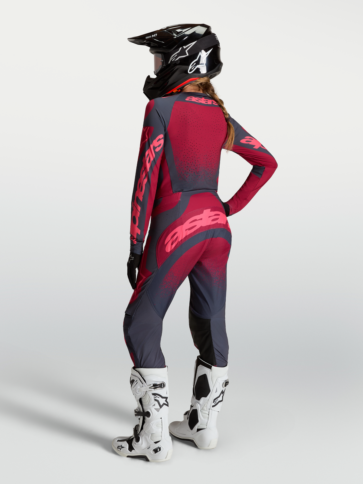 Alpinestars Stella Techstar Swan Jersey AND Stella Techstar Swan Gear Set, Women's Motocross Gear, Crimson Red and Dark Gray.