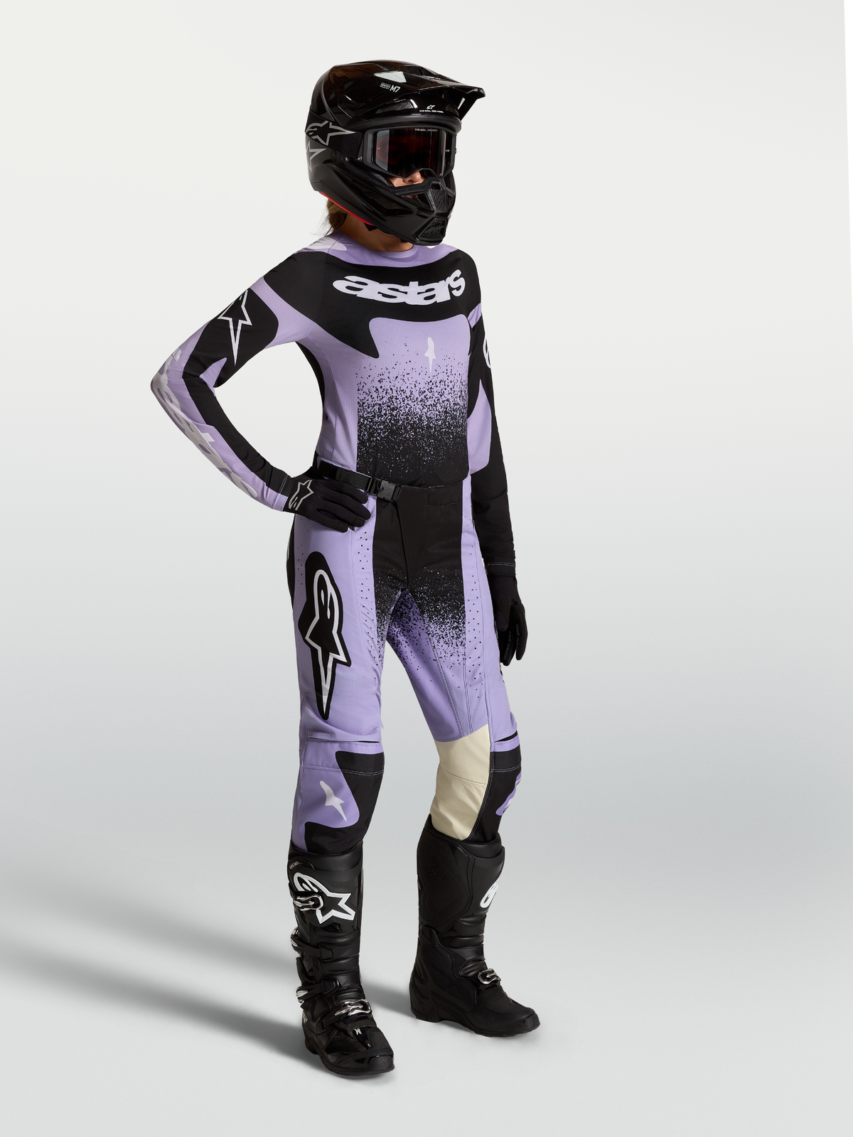 Alpinestars Stella Techstar Swan Jersey and Gear Set, Women's Motocross outfit in Light Violet and Black with swan graphics.