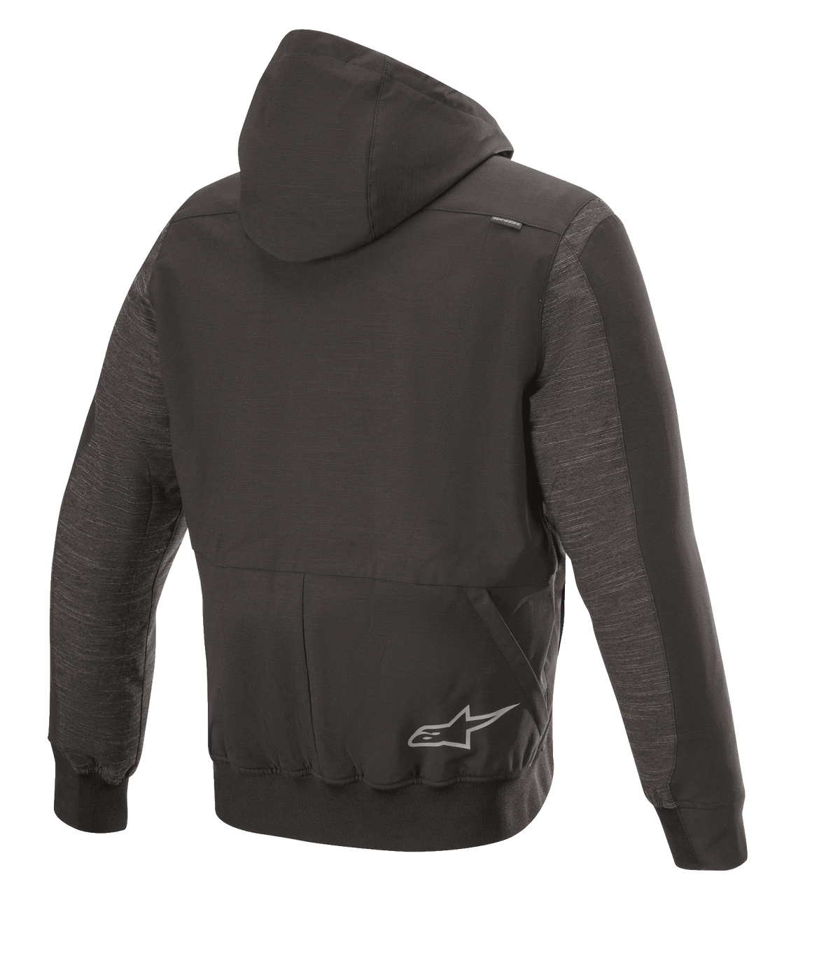 Alpinestars Rhod Windstopper Hoodie, Urban Motorcycle Riding Jacket, Melange Black, rear view featuring a detachable hood, ribbed cuffs and hem, and a subtle star logo on the back.