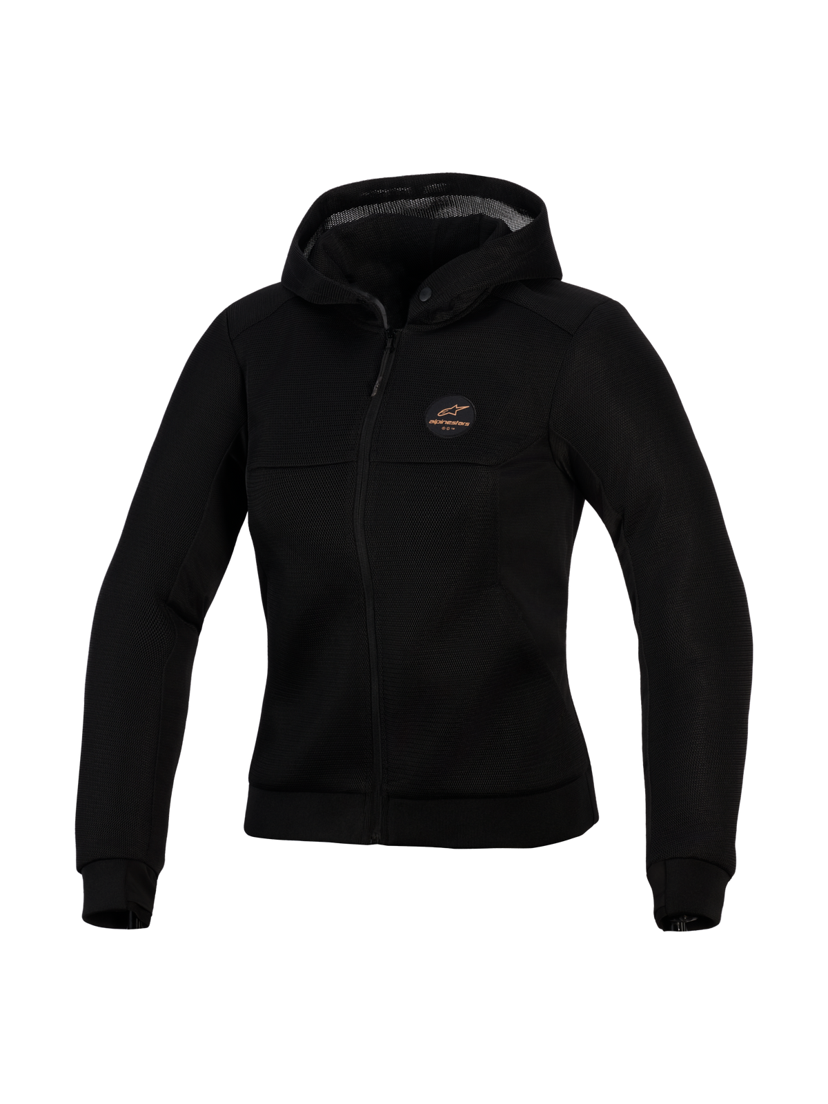 Alpinestars Stella Chrome Superairflow Hoodie, women's technical motorcycle hoodie, Black, featuring 3D mesh construction, copper logo patch on chest, full-zip front, and hood, designed for maximum ventilation and urban protection