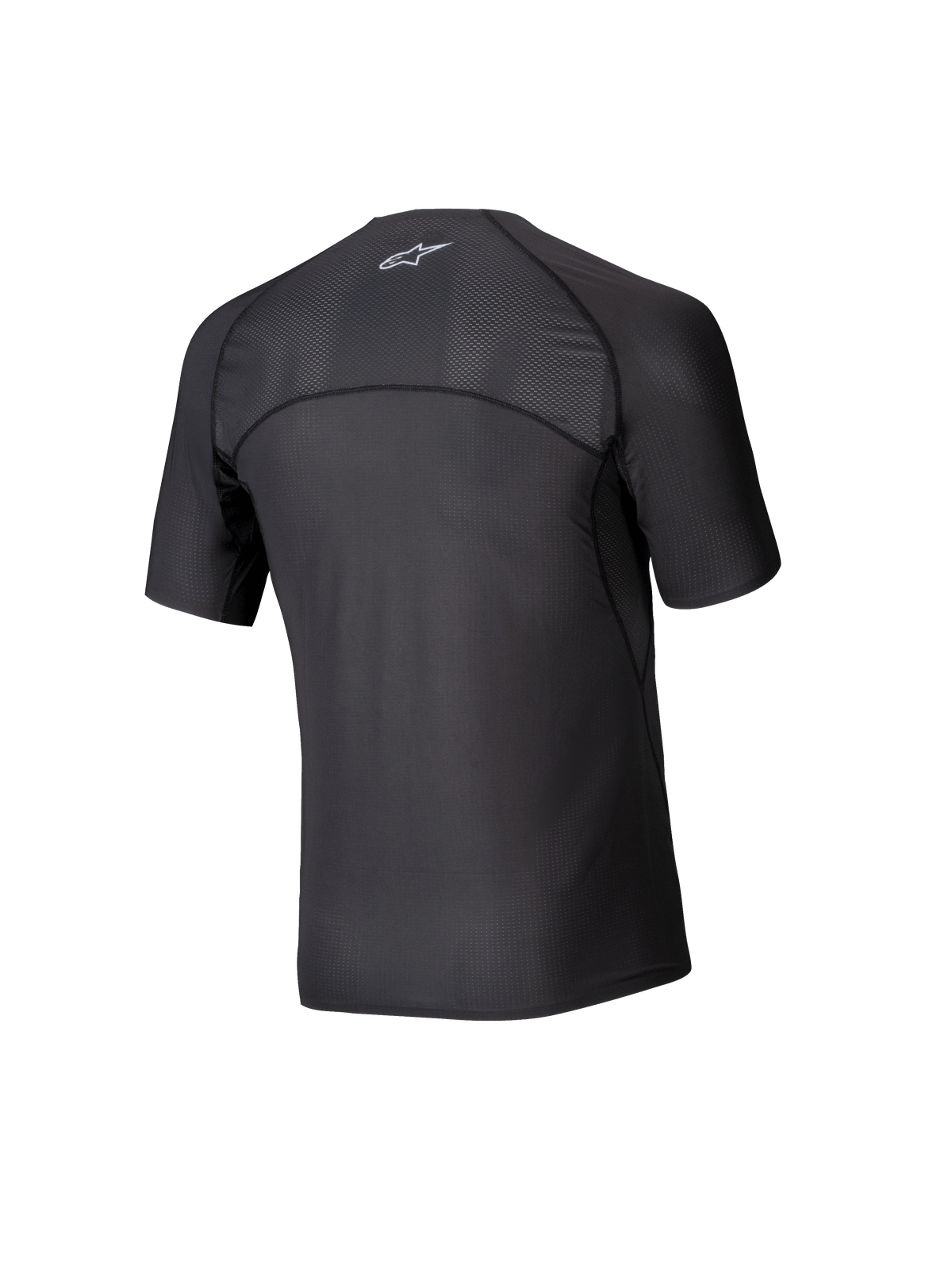 Alpinestars Tech KX Sim Top, Short Sleeve Karting Base Layer, Black, back view showing breathable mesh panels on the shoulders and upper back, ergonomic seam construction, moisture-wicking performance fabric