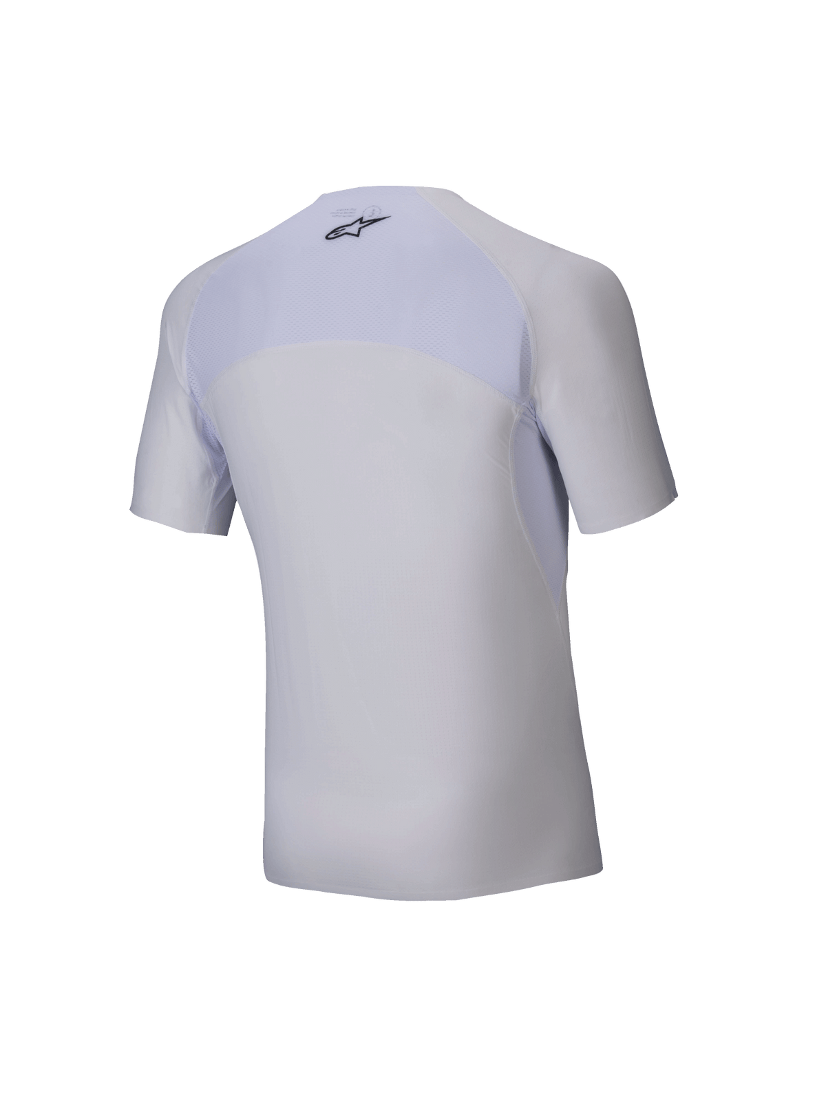 Alpinestars Tech KX Sim Top - Short Sleeve, White Karting Base Layer, back view, features breathable mesh upper back panel, black Alpinestars logo at the neck, ergonomic stretch material for racing performance