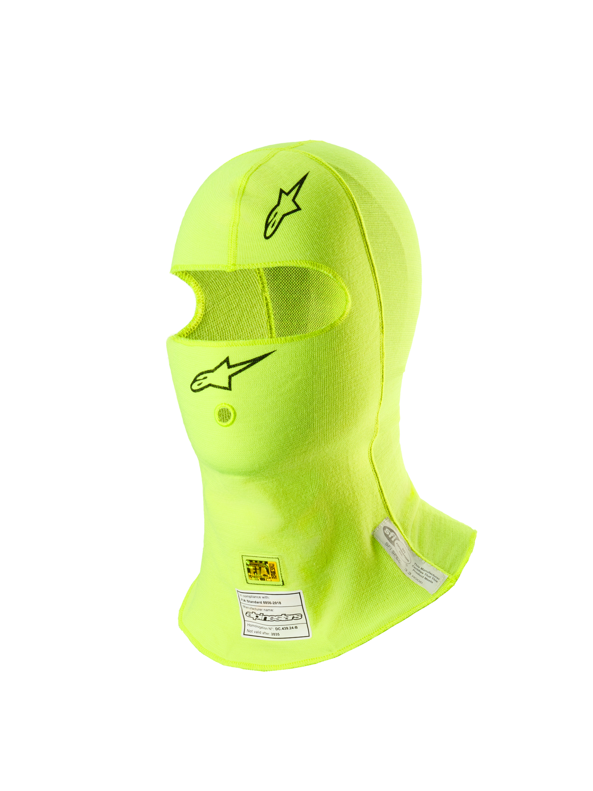 Alpinestars ZX Evo V3 Balaclava, Auto Racing Headgear, Yellow Fluo, featuring black star logos on the forehead and chin, FIA and SFI certification labels on the neck, lightweight flame-resistant material with a hydration tube opening