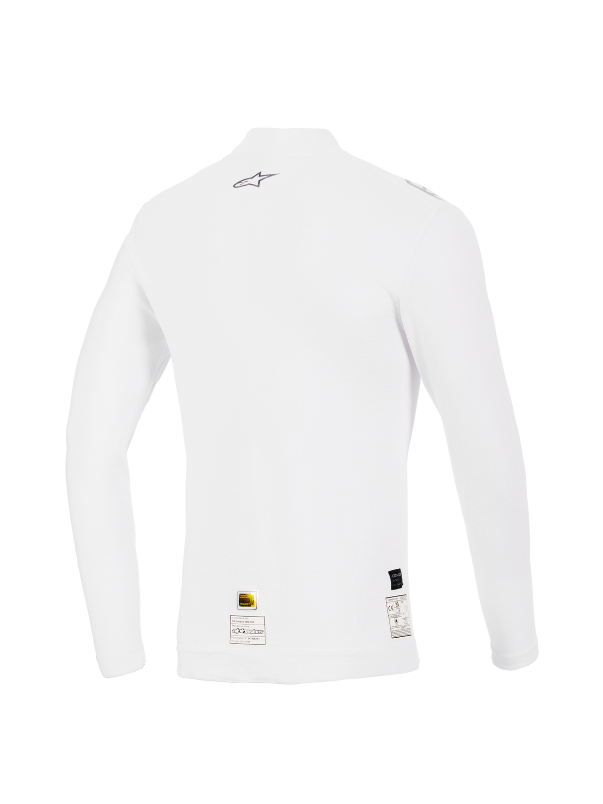 Alpinestars ZX Evo V3 Long Sleeve Top, White, Back View, Flame-resistant auto racing base layer featuring a small grey Alpinestars logo on the upper back and certification labels at the hem, performance fit with soft texture