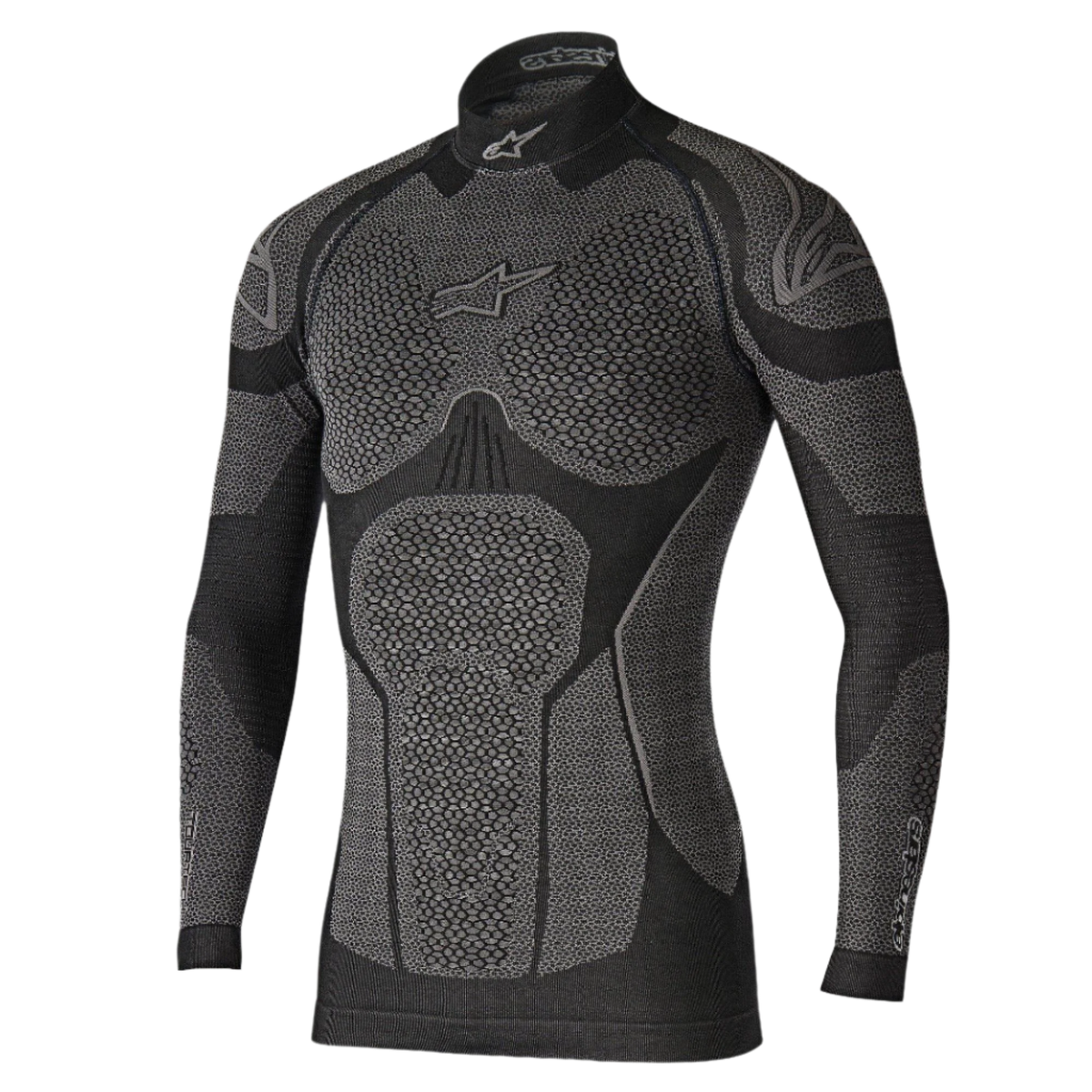 Alpinestars Ride Tech Top Long Sleeve Winter, Technical Base Layer, Black and Gray, featuring honeycomb textured panels, mock neck design, and compression fit for cold weather motorcycle riding