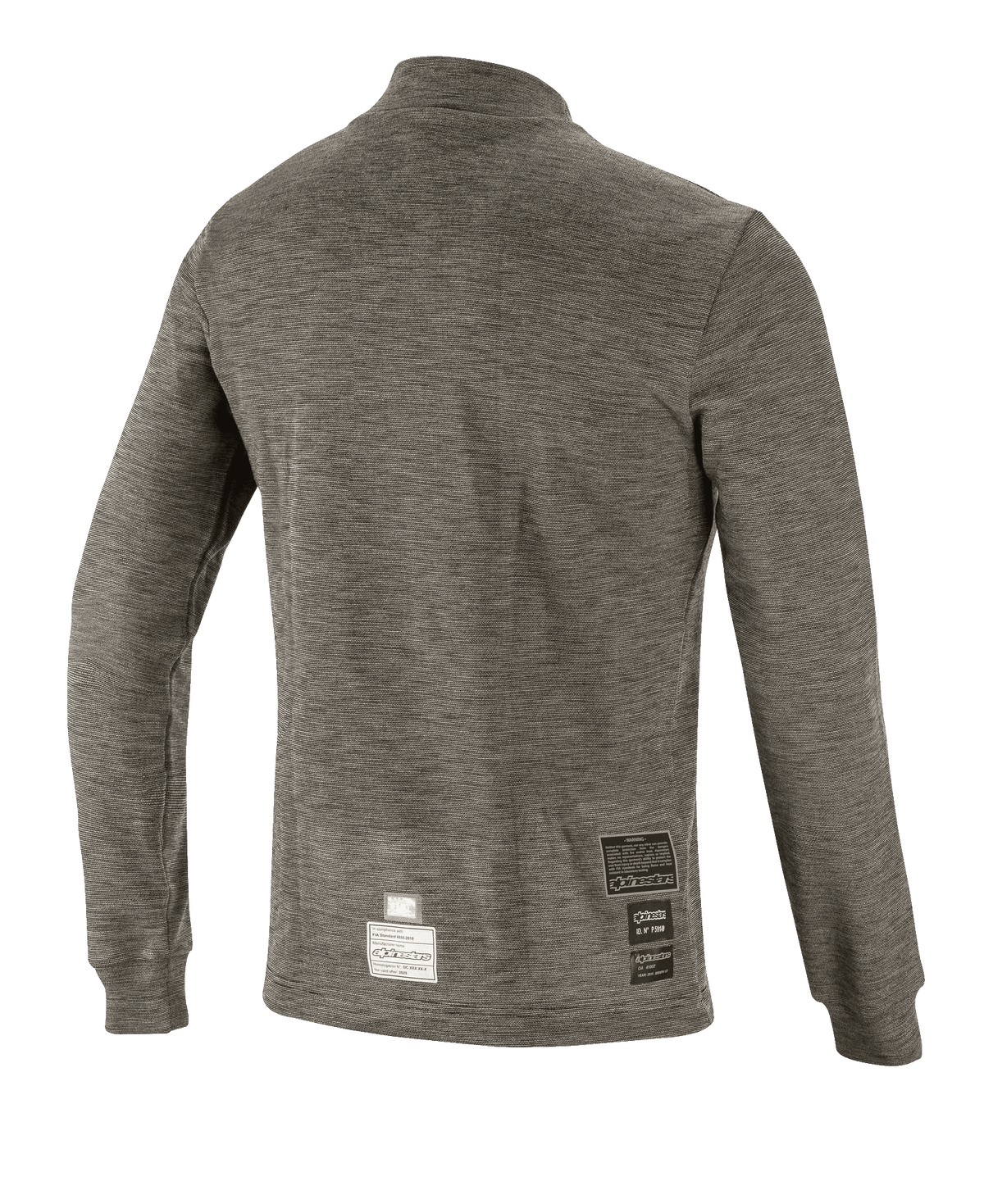Alpinestars Race V3 Long Sleeve Top, tech base layer, Anthracite Melange gray, back view showing textured flame-resistant fabric and FIA certification labels on the lower hem, motorsport performance gear