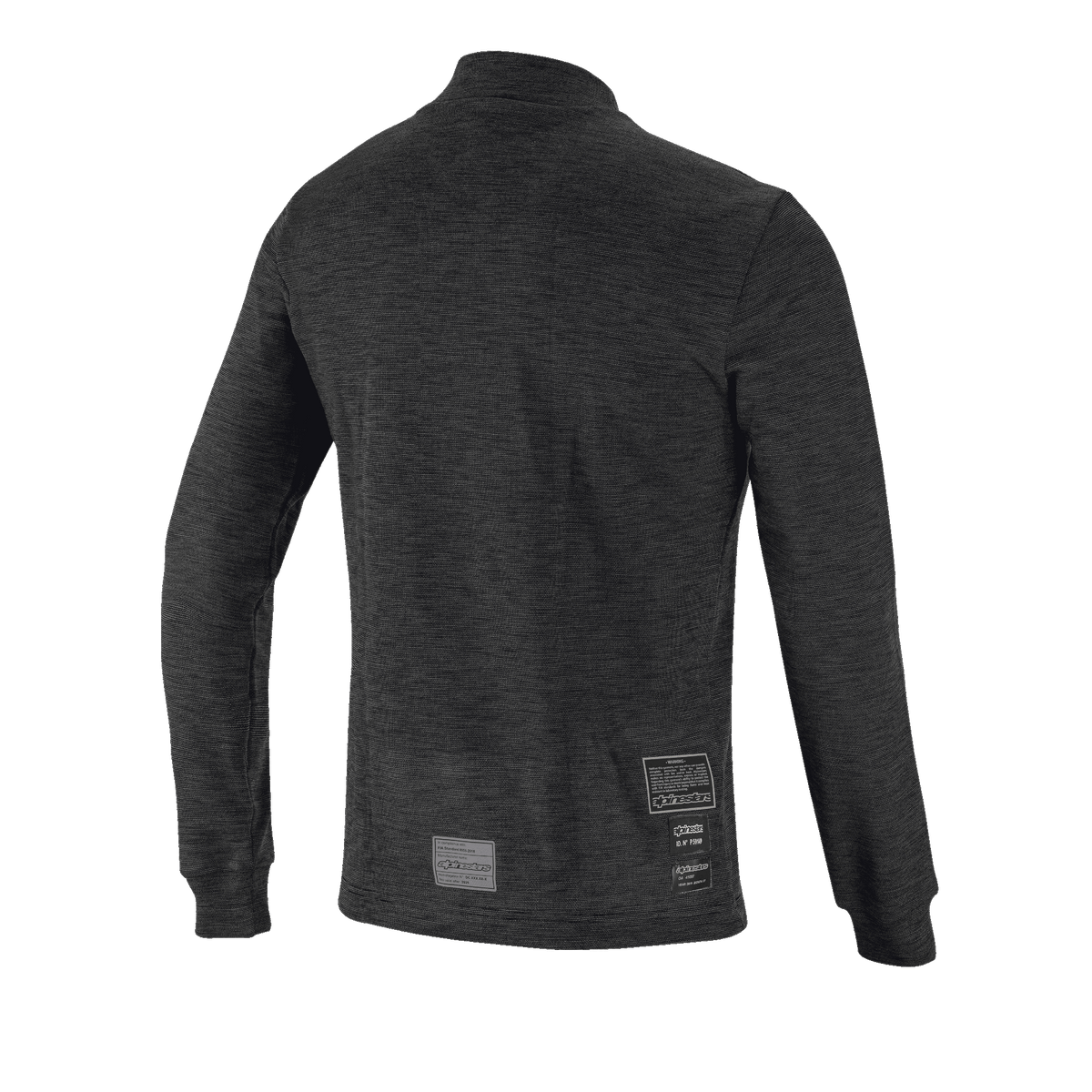 Alpinestars Race V3 Long Sleeve Top, Rear View, Black flame-resistant base layer, featuring a textured knit design, long sleeves with ribbed cuffs, and FIA homologation labels on the lower back.