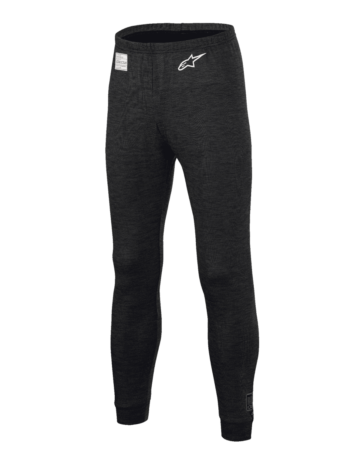 Alpinestars Race V3 Bottom, Auto Racing Base Layer Pants, Black, featuring flame-resistant textured fabric, white star logo on the thigh, FIA certification label on the waistband, full-length technical undergarment for professional motorsport