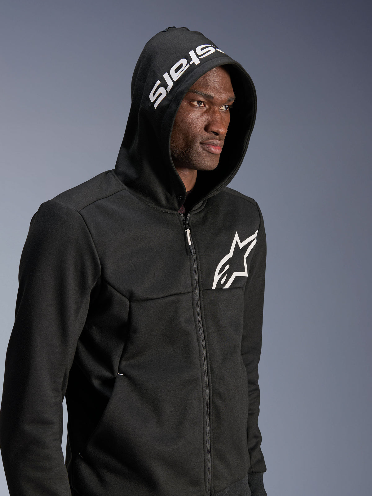 Alpinestars Chrome V2 Sport Hoodie, Black and White Urban Riding Hoodie for Men, Tech Fleece, Hood Up.
