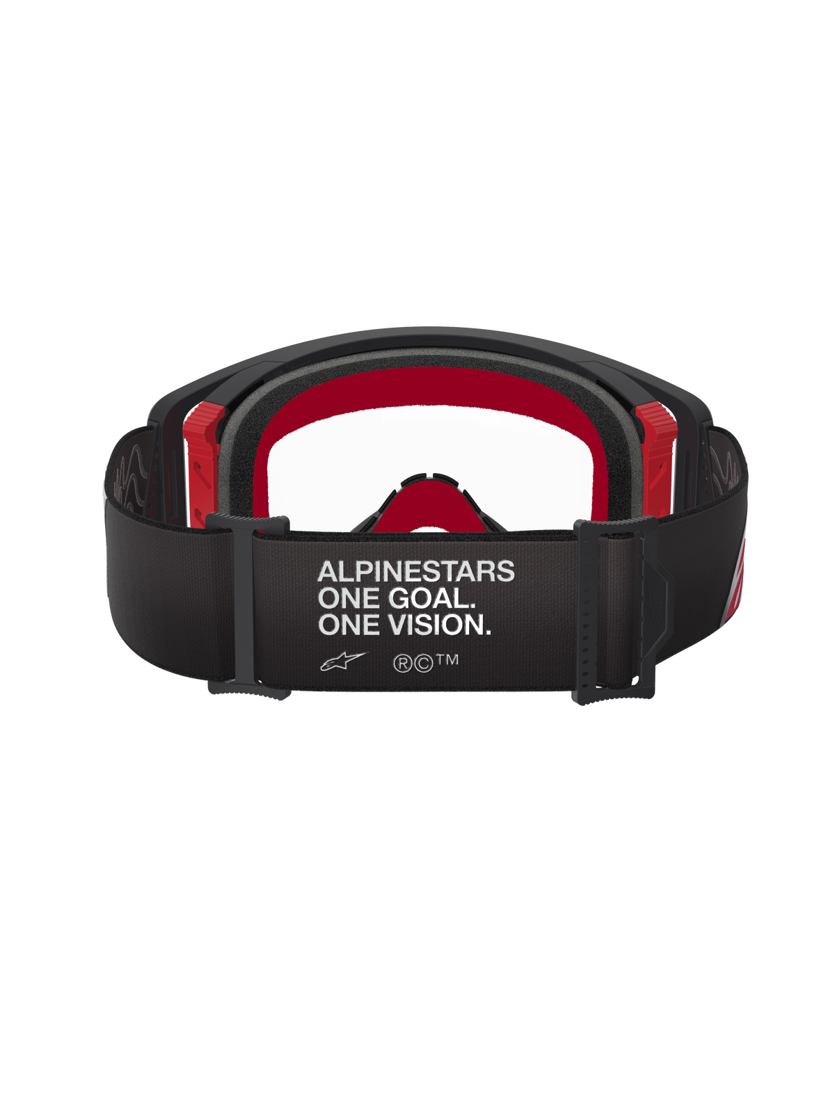 Alpinestars Supertech Corp Goggles, Motocross Goggles, Black and Red with Clear Lens, rear view showing wide black strap with white 'ALPINESTARS ONE GOAL. ONE VISION.' branding, multi-layer face foam and red frame accents