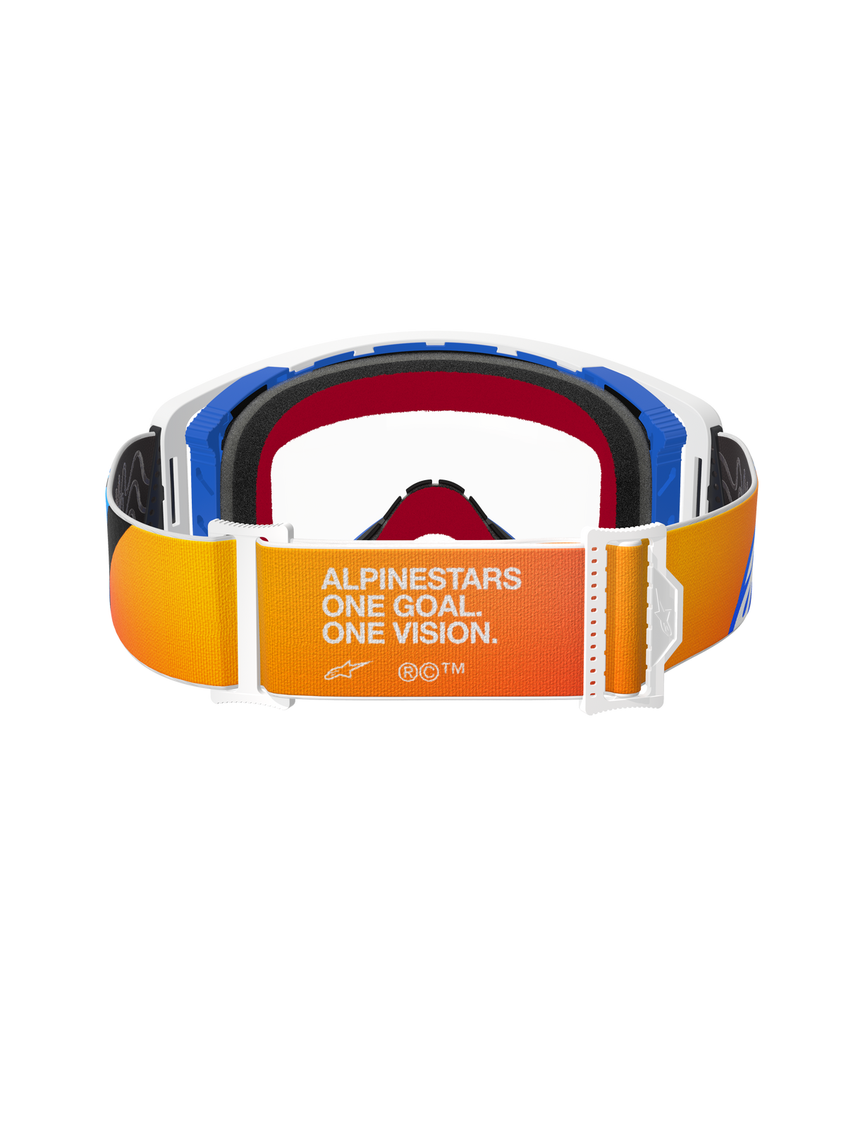 Alpinestars Supertech Corp Goggles, Motocross Goggles, Blue Orange Clear, rear view showing orange and yellow gradient strap with white 'ALPINESTARS ONE GOAL. ONE VISION.' text, white buckles, and blue frame accents.