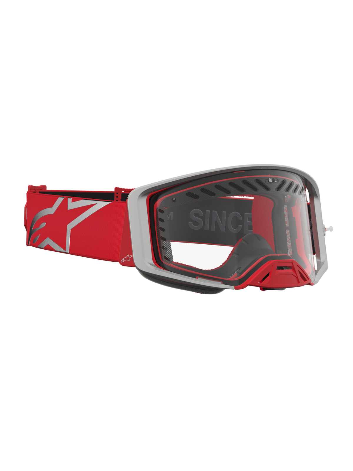 Alpinestars Supertech Dura Air Fluid Motocross Goggles in Red and Silver, featuring clear lens and advanced airflow ventilation.