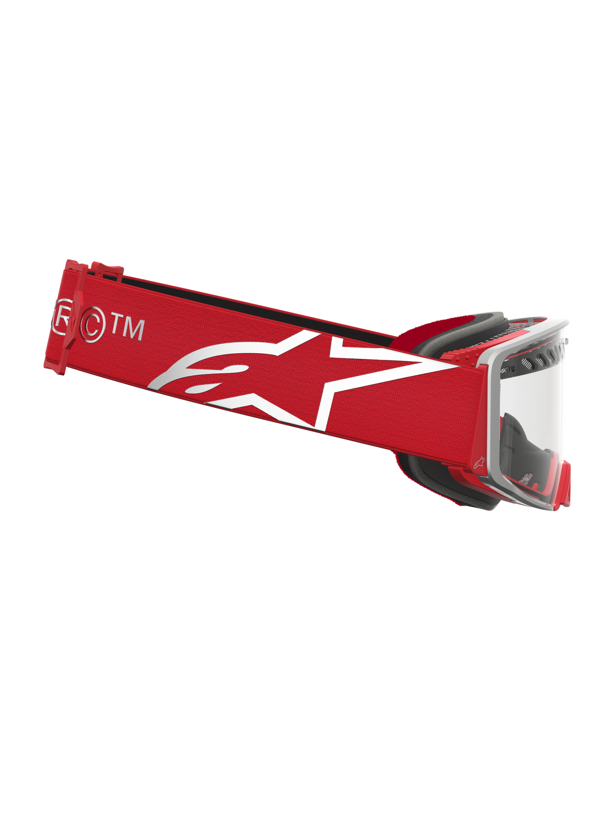 Alpinestars Supertech Dura Air Fluid Goggles, Motocross Racing Goggles in Red and Silver with clear lens and white star logo.