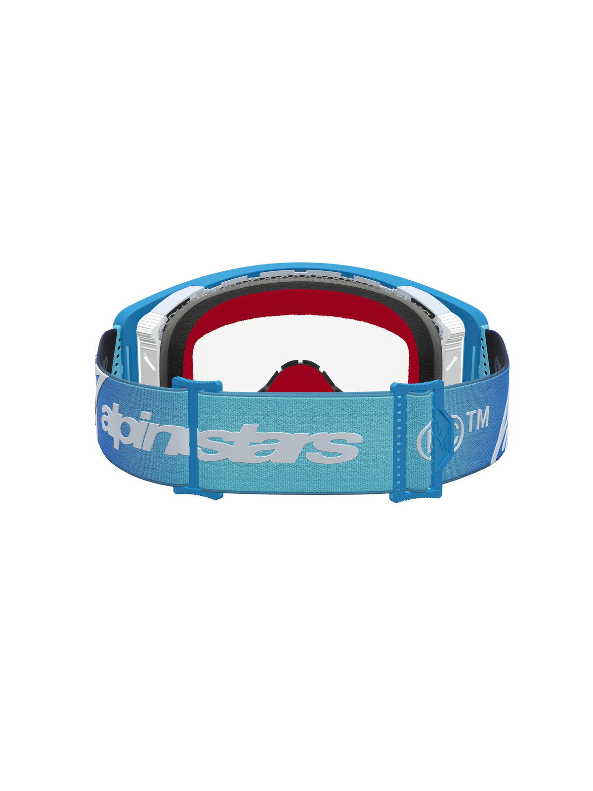 Alpinestars Supertech Dura Air Fluid Goggles for motocross, blue and silver frame with a clear lens and adjustable logo strap.