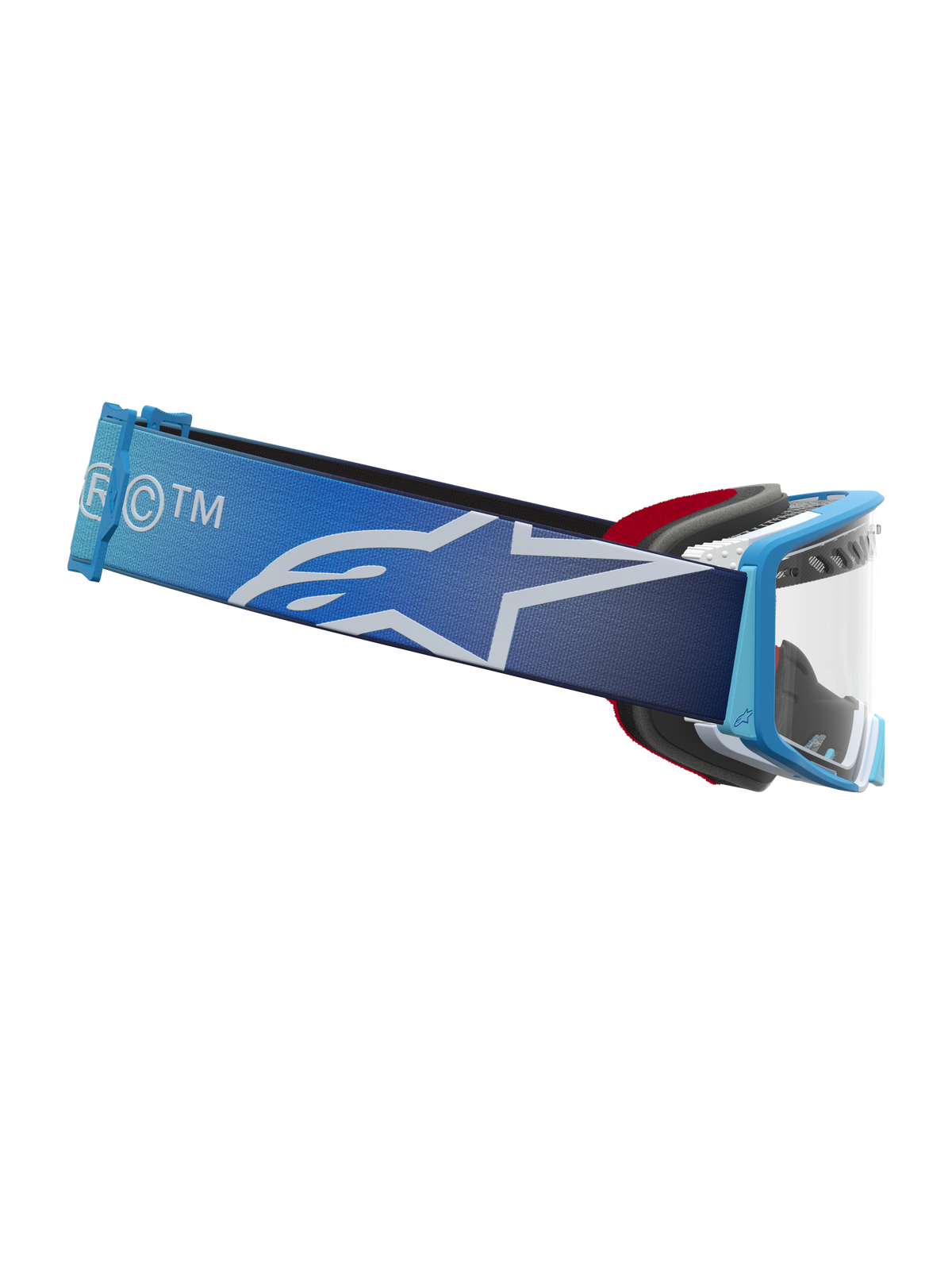 Alpinestars Supertech Dura Air Fluid Goggles, Blue Fade motocross eyewear with clear lens and wide star logo strap.