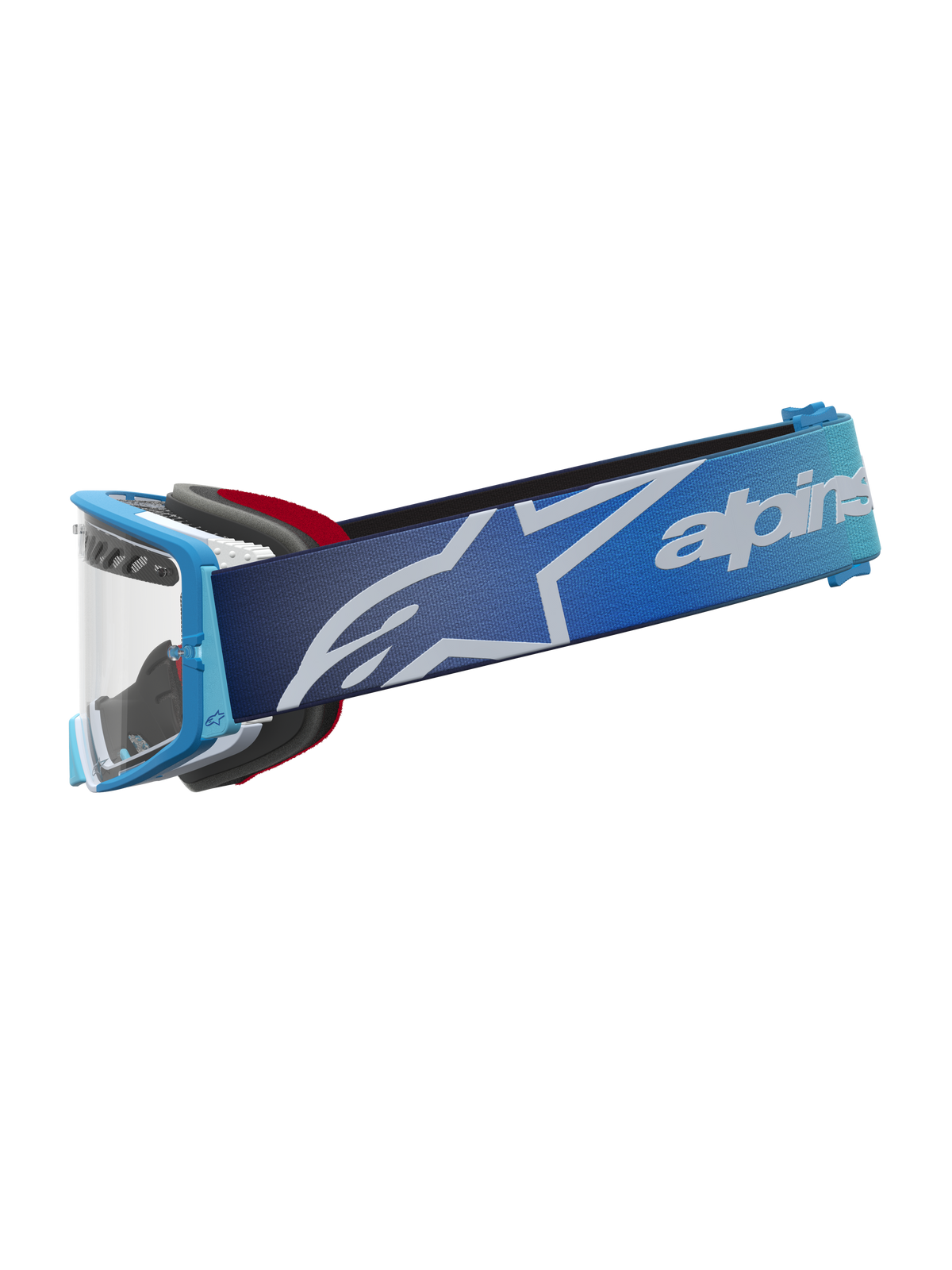 Alpinestars Supertech Dura Air Fluid Goggles, motocross racing goggles, Blue Fade and Silver, clear lens with white logo.