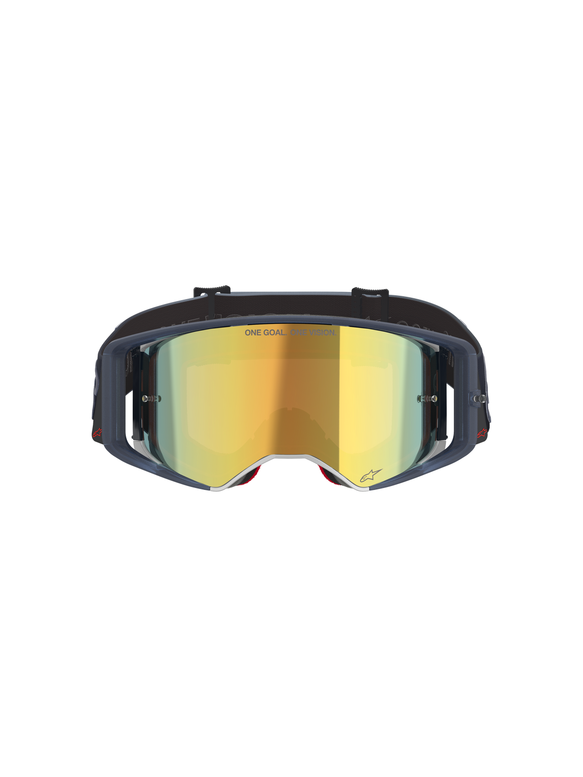 Alpinestars Supertech Vision Vista Goggles, Motocross Goggles, Black Mirror Gold, front view featuring a gold mirrored lens and dark frame, professional off-road racing eyewear with "ONE GOAL. ONE VISION." text and logo details.