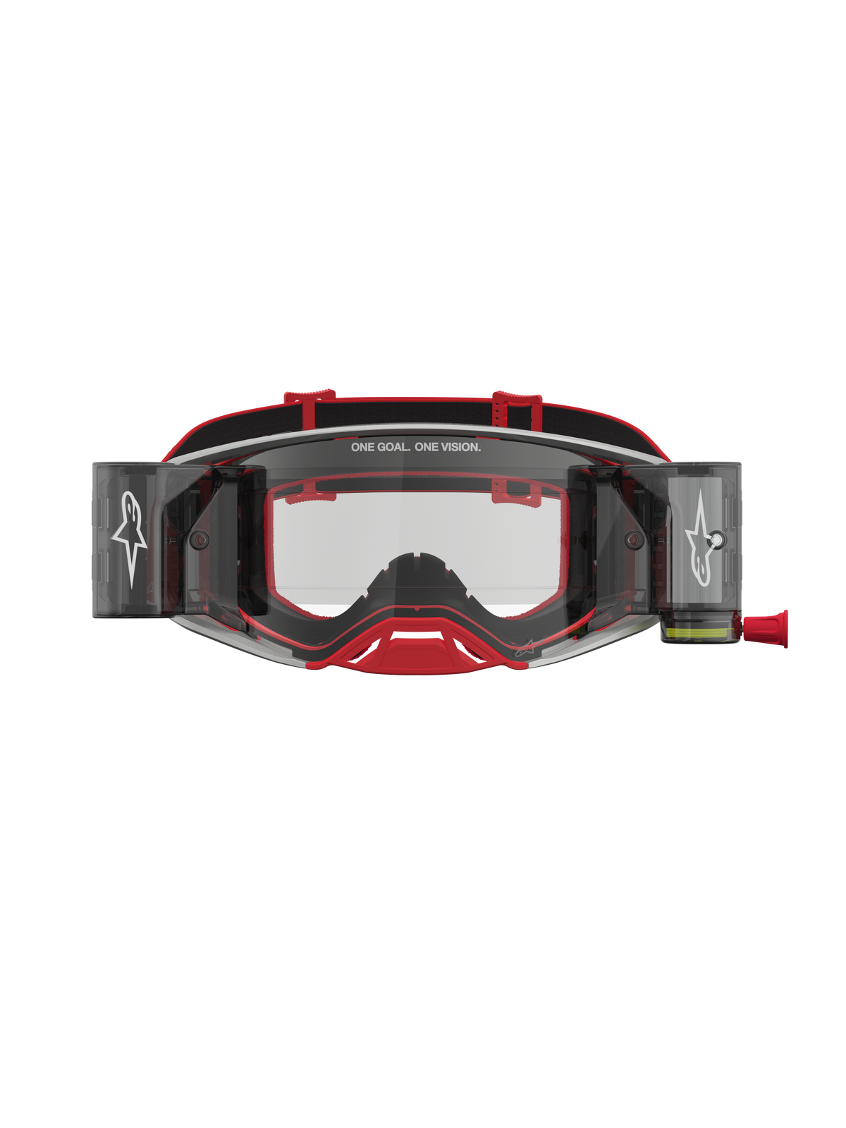 Alpinestars Supertech Firma Roll Off Goggles, red and silver motocross goggles with clear lenses and roll-off system.