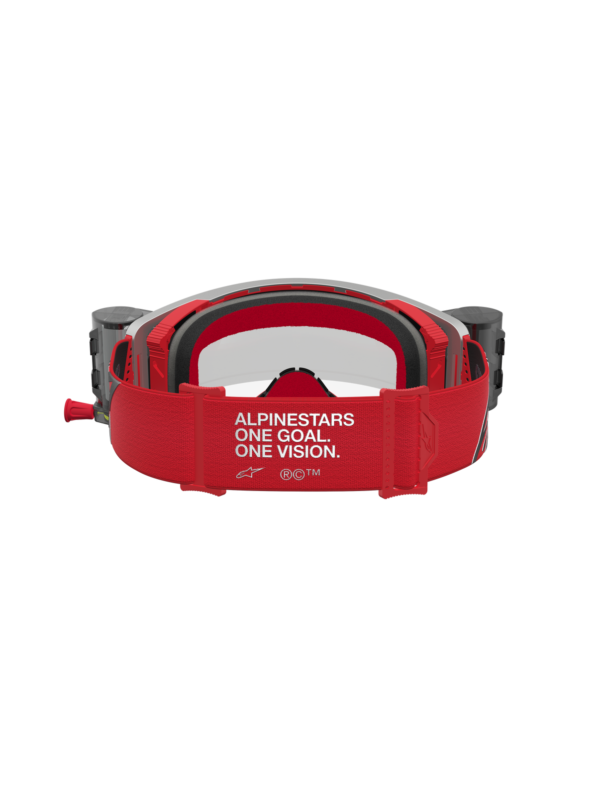 Alpinestars Supertech Firma Roll Off Goggles, Red and Silver motocross eyewear with roll-off canisters and a branded strap.