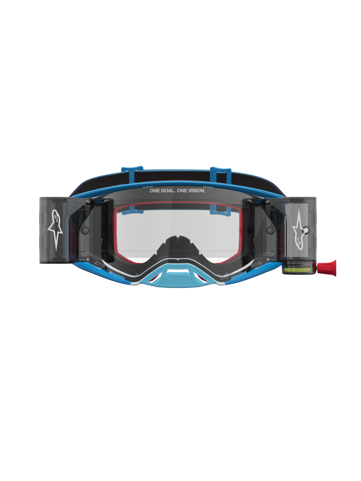 Alpinestars Supertech Firma Roll Off Goggles in Blue and Silver, high-performance motocross gear featuring clear optics and an integrated roll-off system for off-road racing.